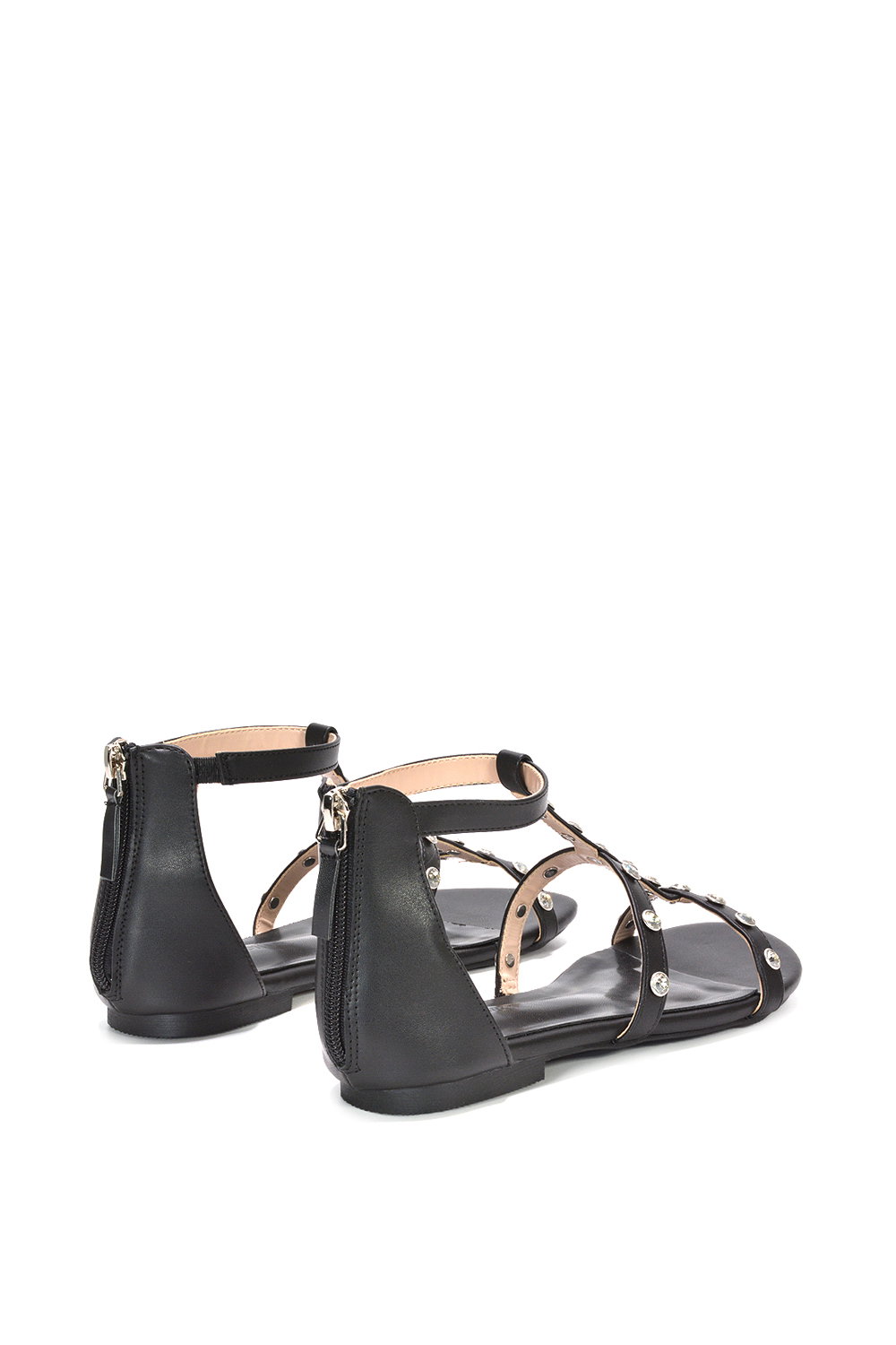 Black XY LONDON Black 'Julia' T-Bar Gladiator Sandals With Studded Details, Image 4 of 6