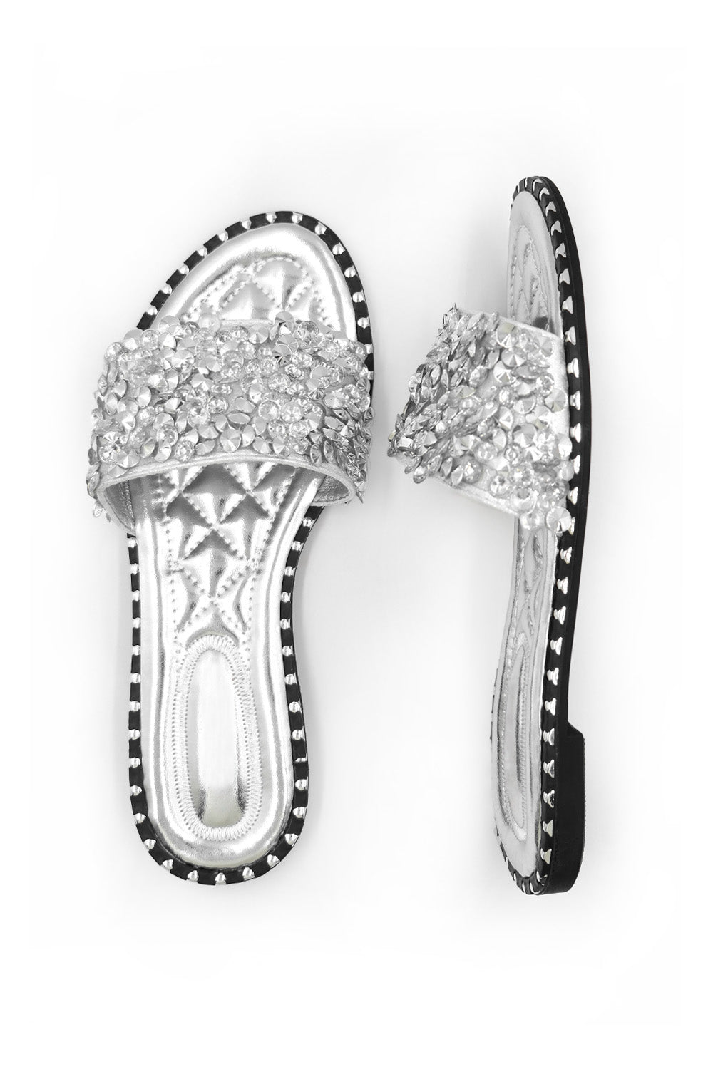 Silver Where's That From Silver 'Belle' Diamante Sparkly Flat Sliders, Image 2 of 4