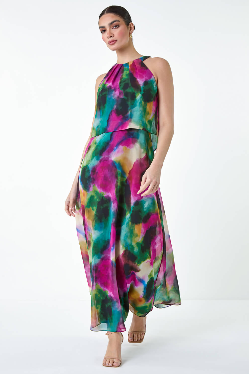 Forest Abstract Print Chiffon Overlay Maxi Dress, Image 3 of 5