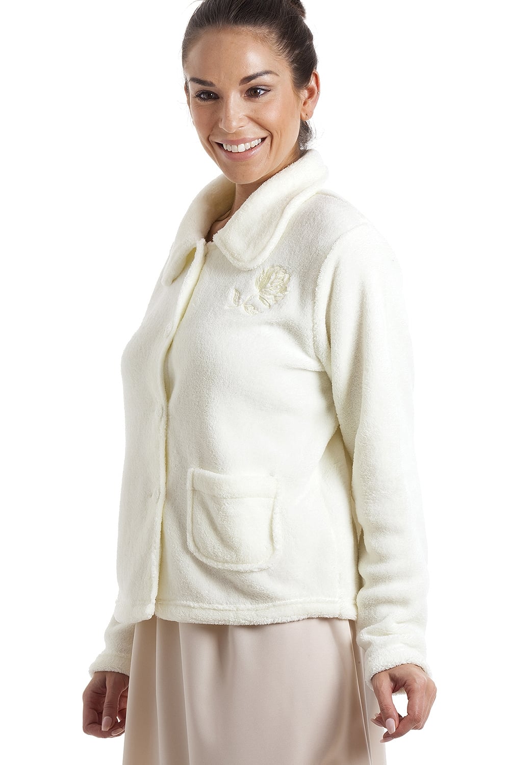 Ivory Camille Lingerie Ivory Soft Fleece Bed Jacket With Floral Motif, Image 3 of 5