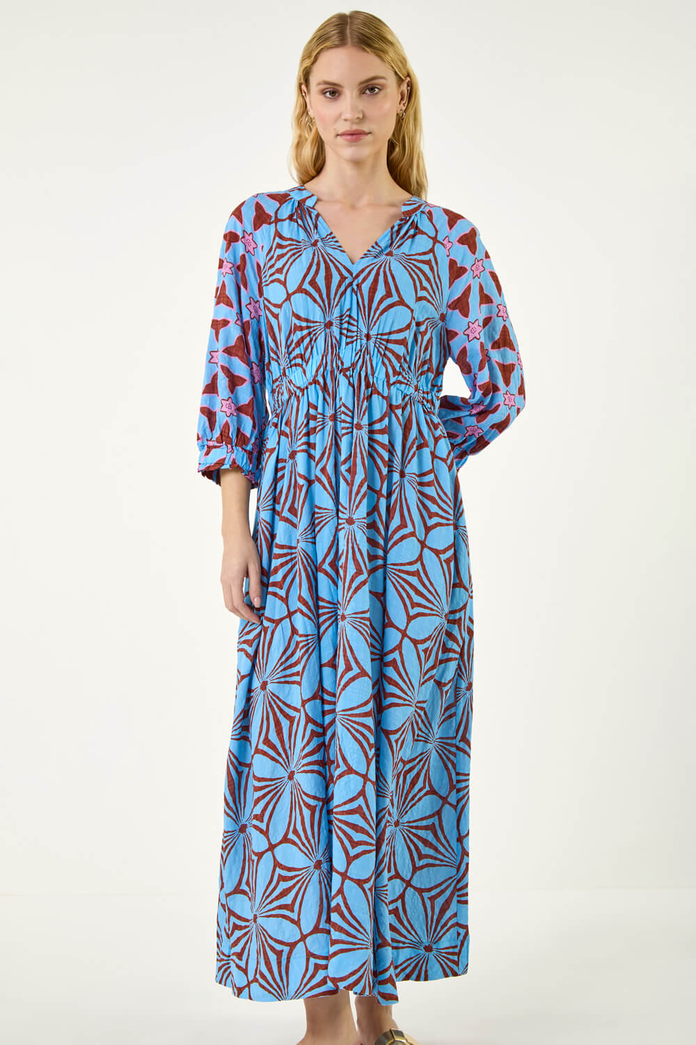 Blue Abstract Print V-Neck Maxi Dress, Image 5 of 5
