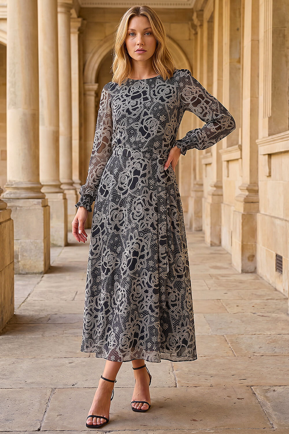 Black Floral Rose Midi Dress, Image 1 of 4