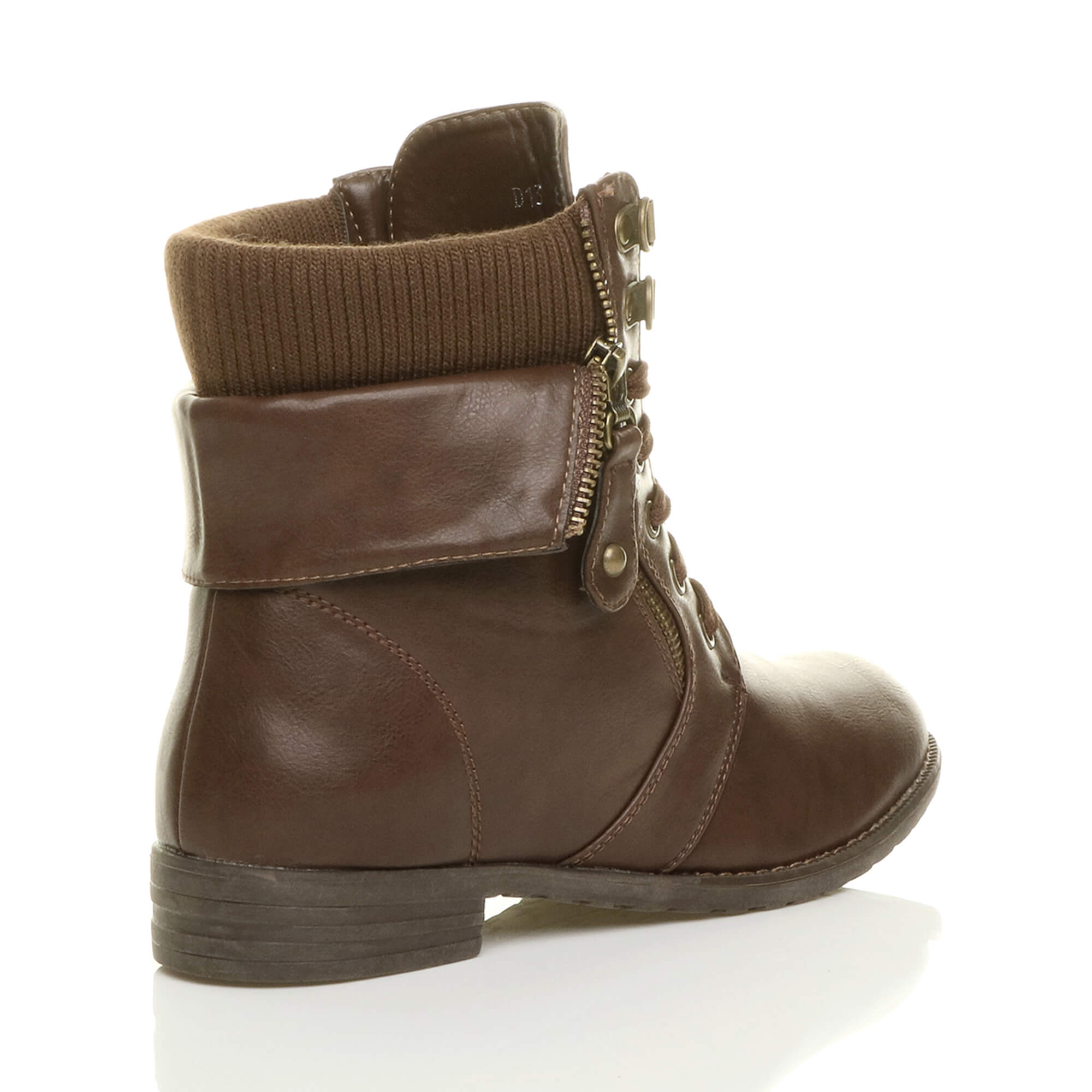 Brown Lace Up Knitted Collar Biker Military Boots, Image 4 of 5