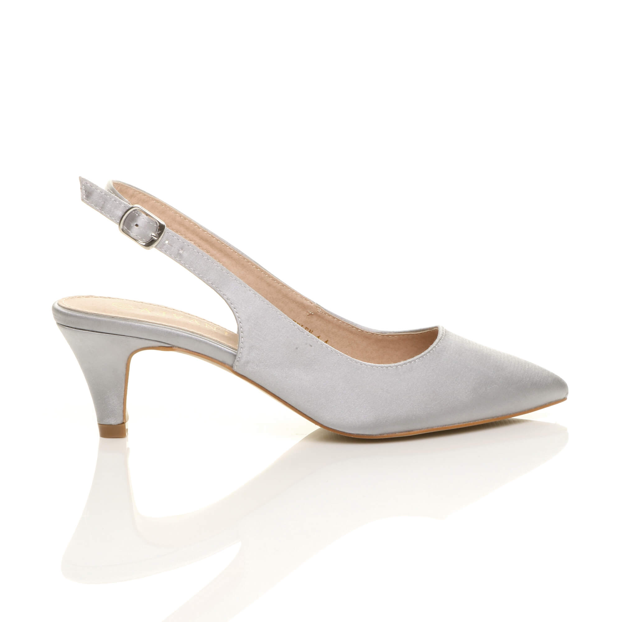 Silver Mid Heel Slingback Pointed Toe Court Shoes, Image 2 of 6