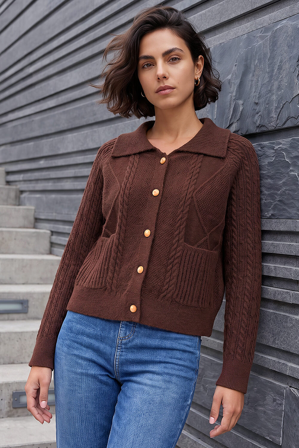 Roman Women's Chocolate Chunky Cable Cardigan Size 10