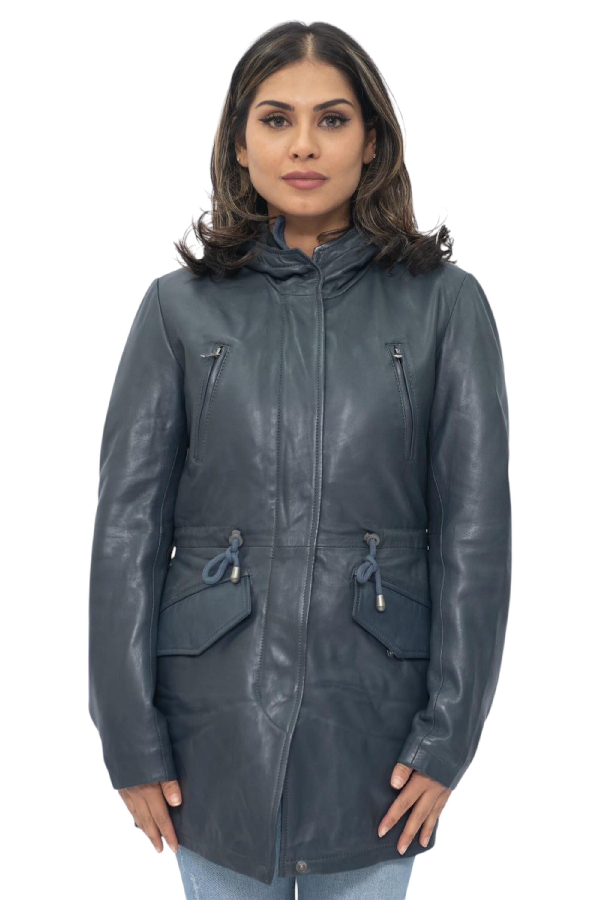 Navy Leather Hooded Parka Jacket-Bucharest, Image 1 of 6
