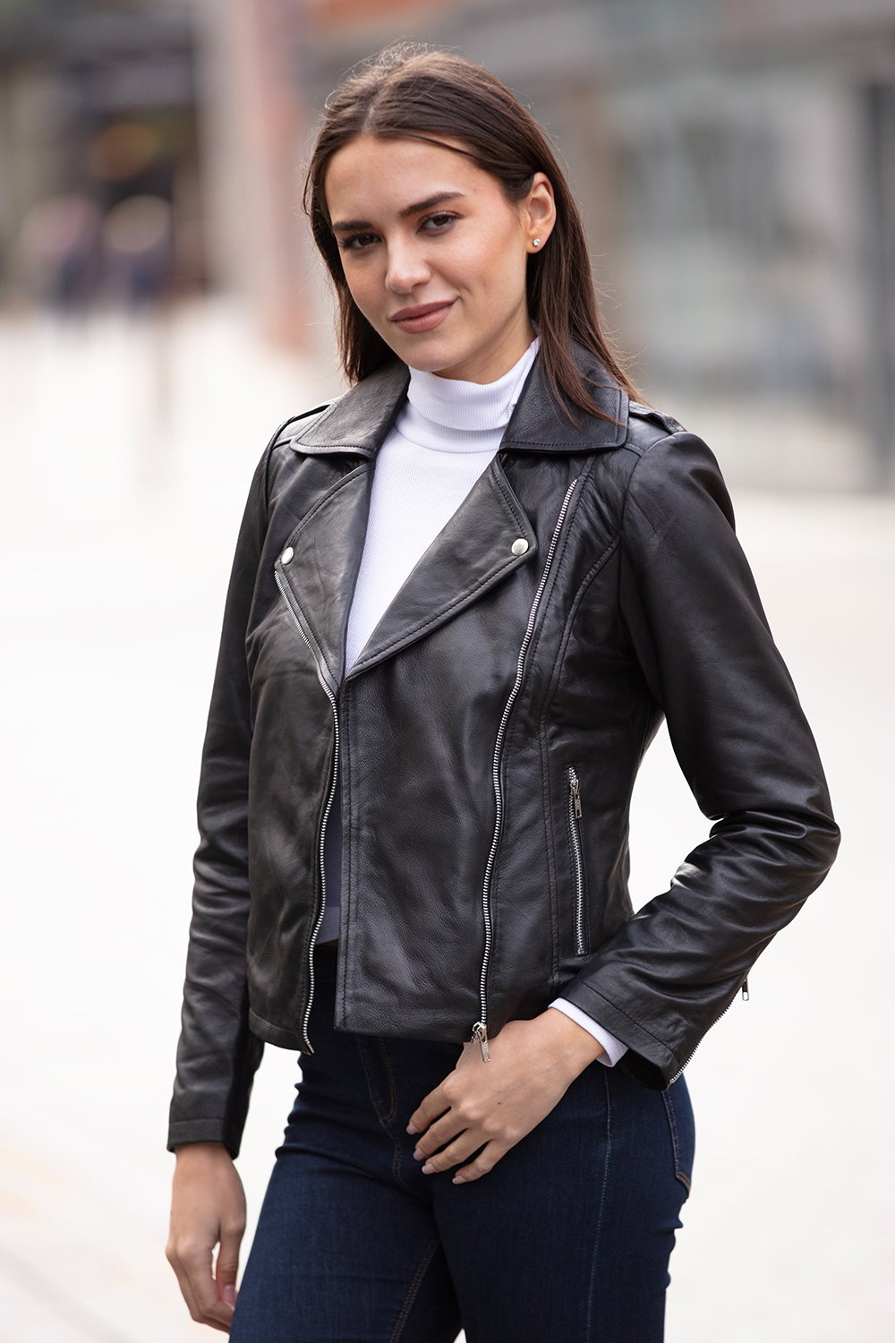 Black 'Brooklyn' Short Leather Biker Jacket