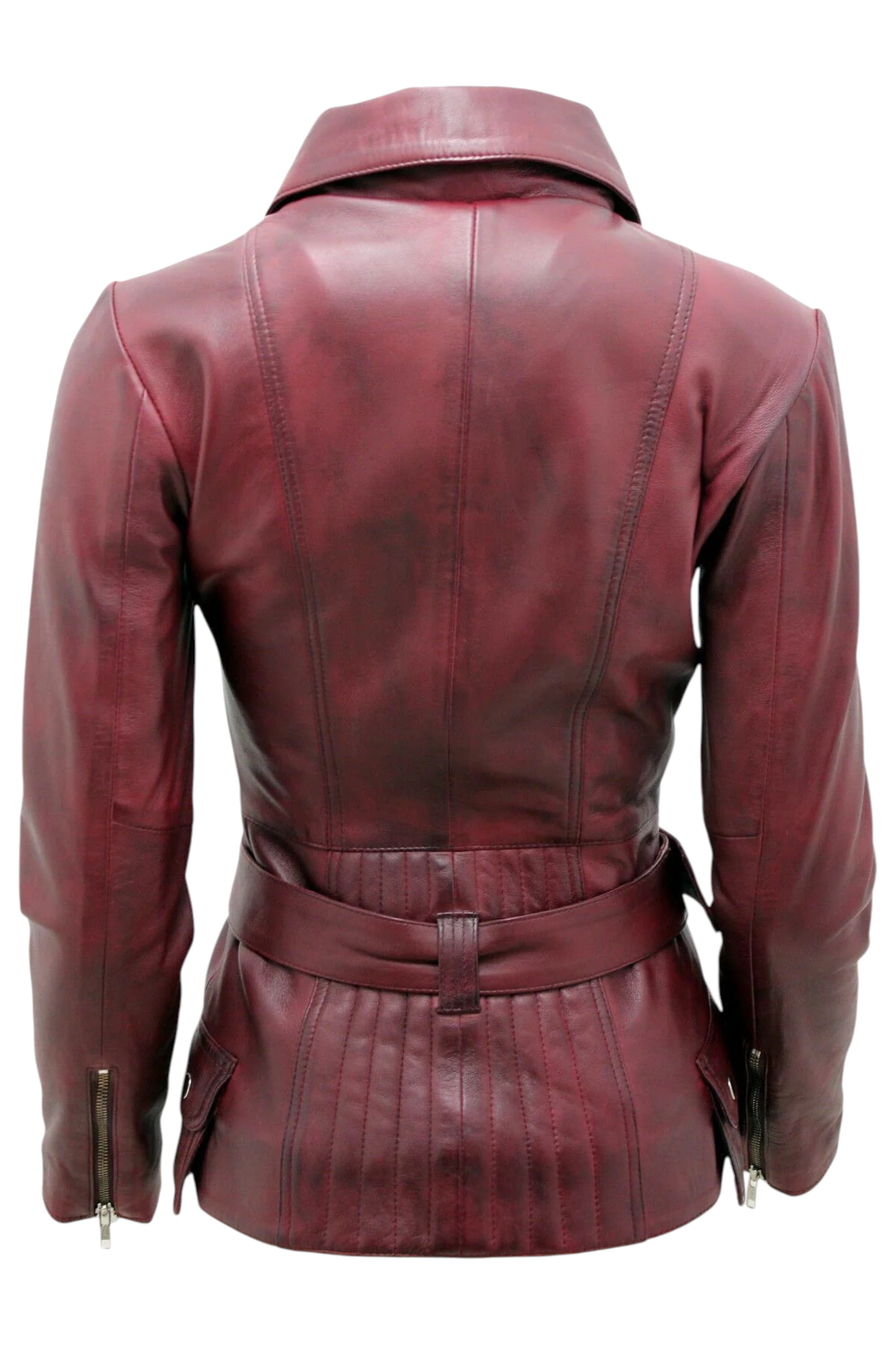 Burgundy Womens Long Leather Biker Jacket-Quito, Image 4 of 4