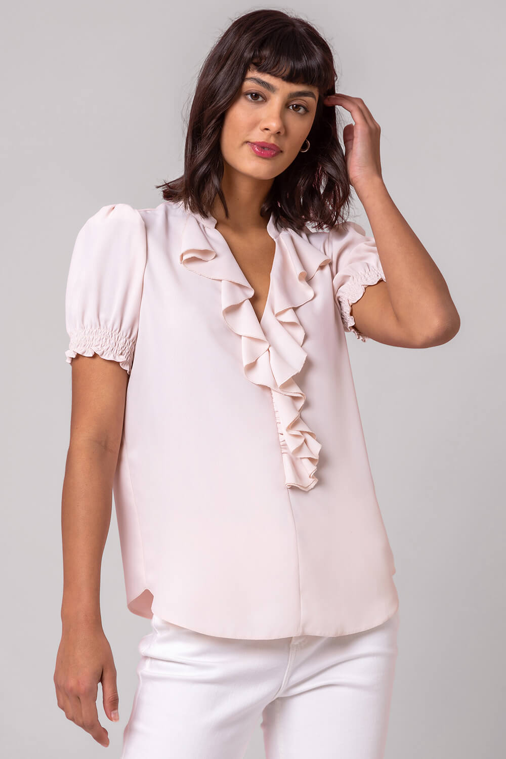 Frill Detail V-Neck Top in Light Pink - Roman Originals UK