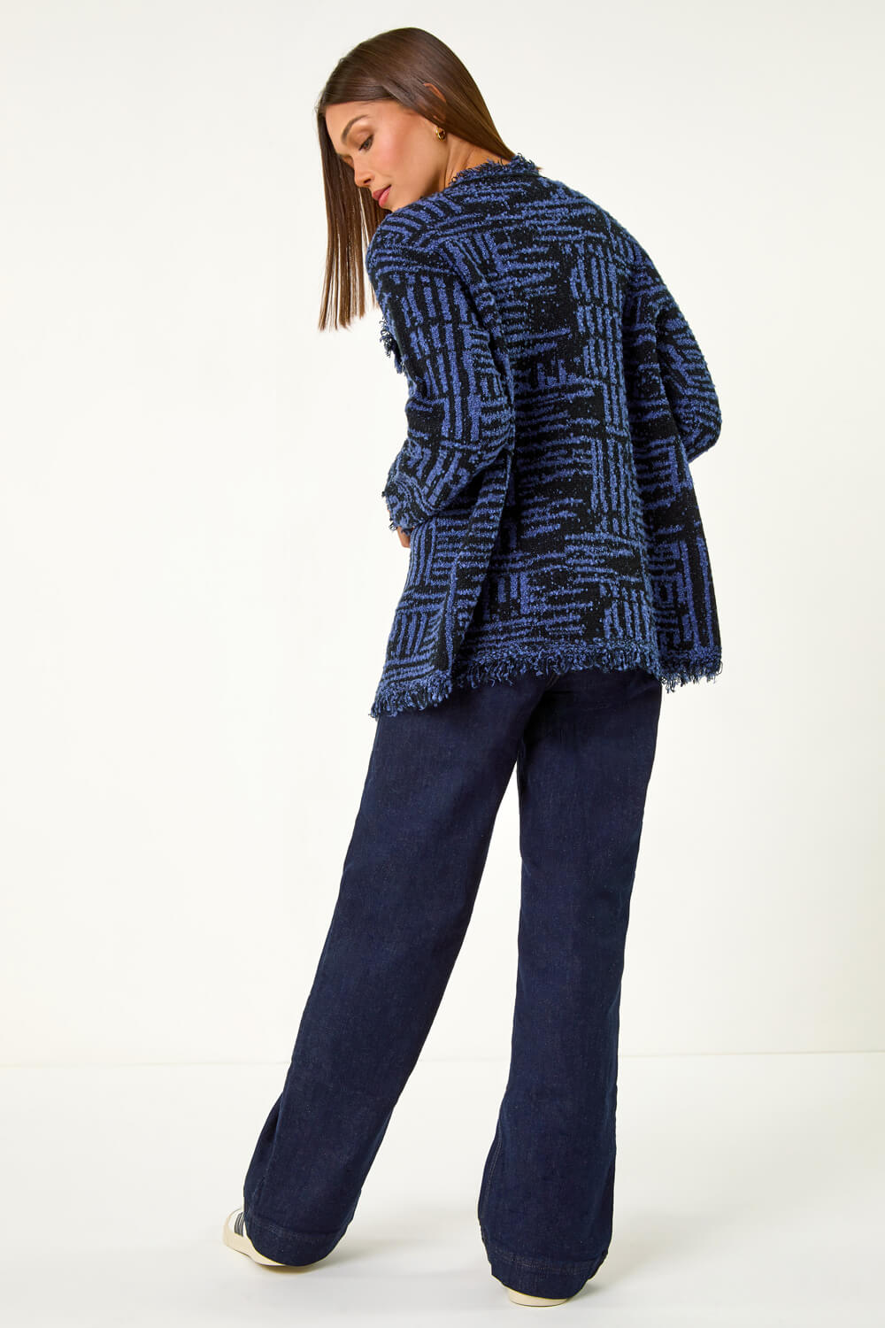 Denim Blue Textured Fringe Collar Detail Cardigan, Image 4 of 5