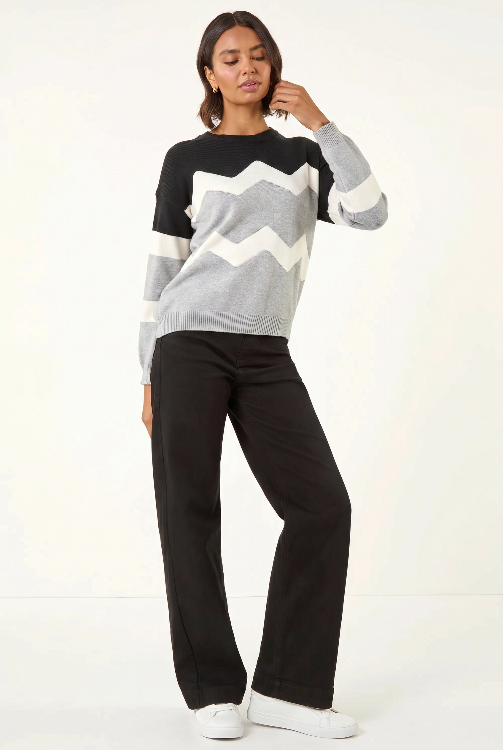 Grey Colour Block Zig Zag Knit Jumper, Image 1 of 6