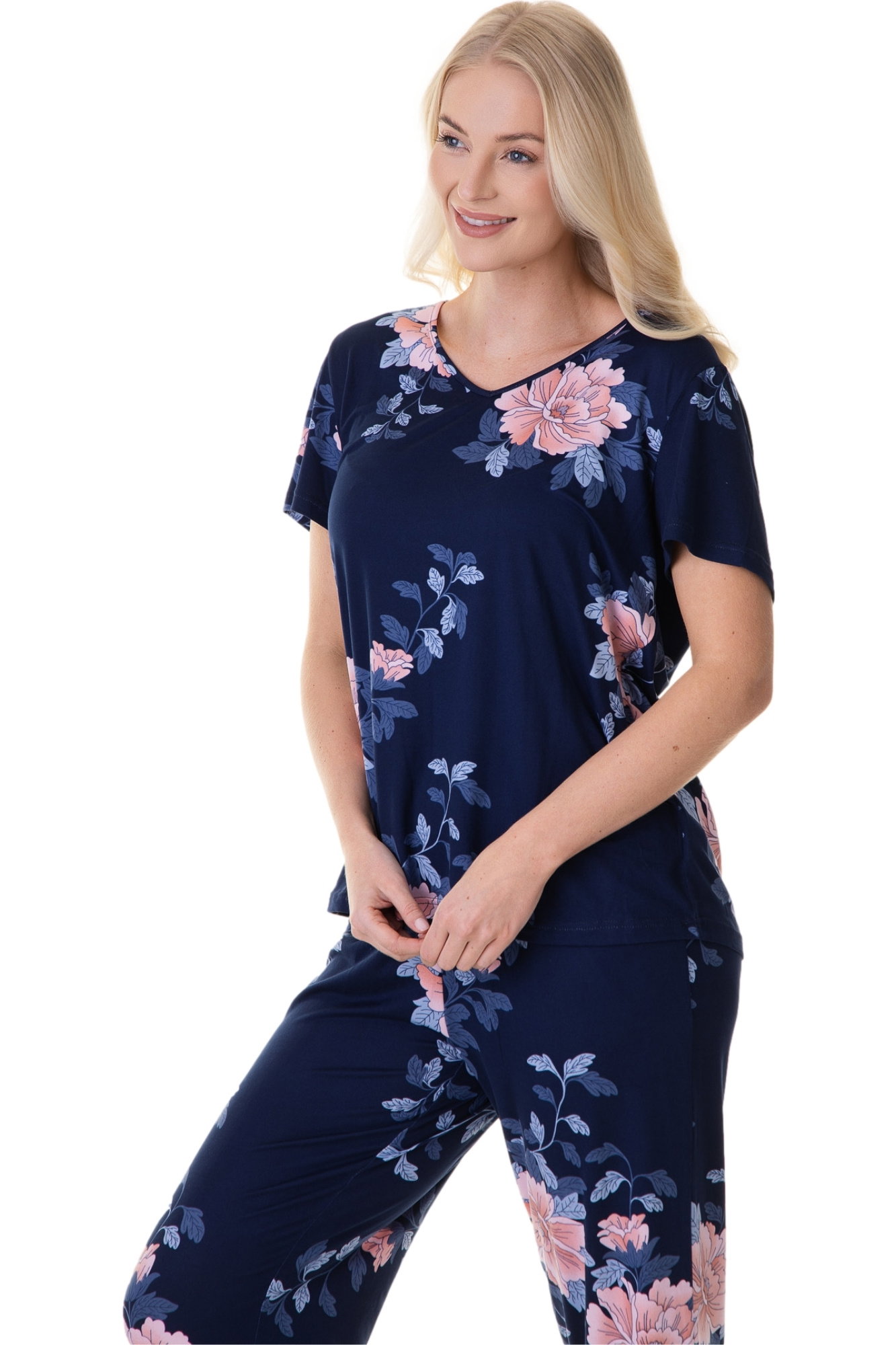 Navy Camille Lingerie Navy Lightweight Floral Print Pyjama Set, Image 2 of 5