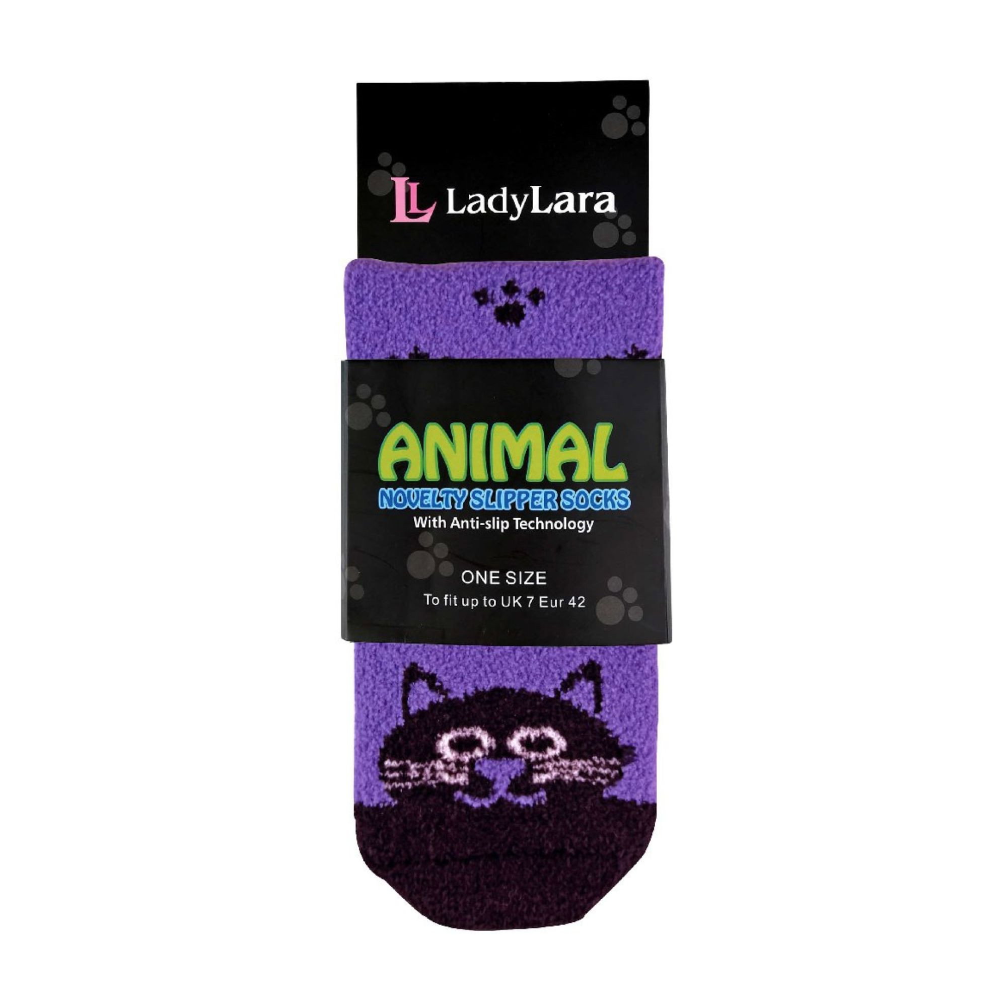 Purple 1 Pack Ladies Fluffy Animal Pattern Slipper Socks with Grips, Image 3 of 3