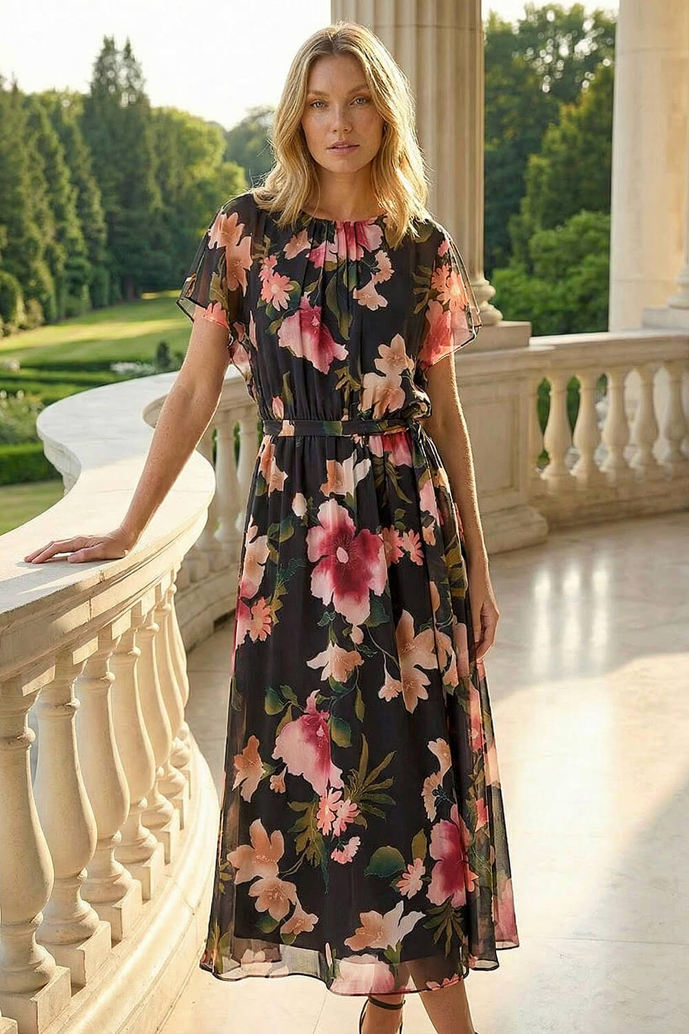 Black Floral Split Sleeve Midi Dress, Image 3 of 4