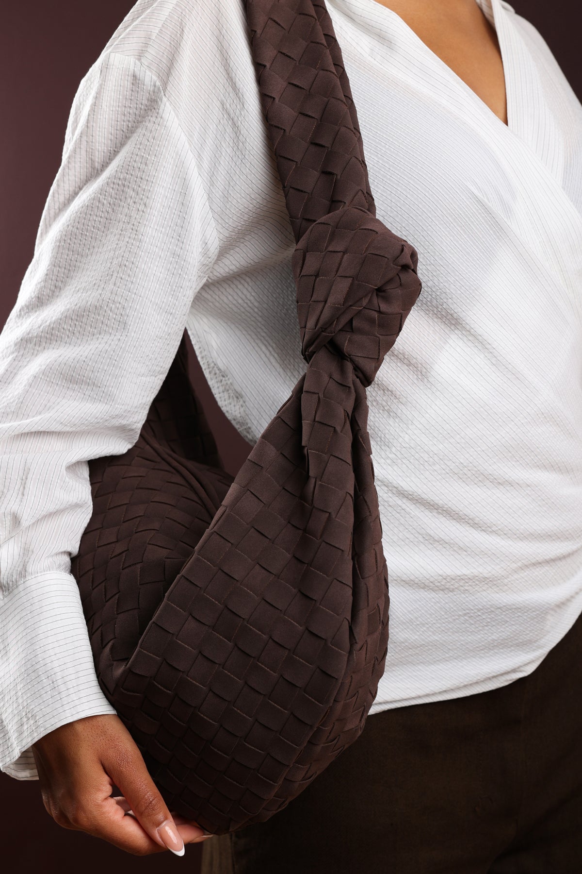 Dark Brown Aqua Knotted Strap Woven Shoulder Bag, Image 5 of 5