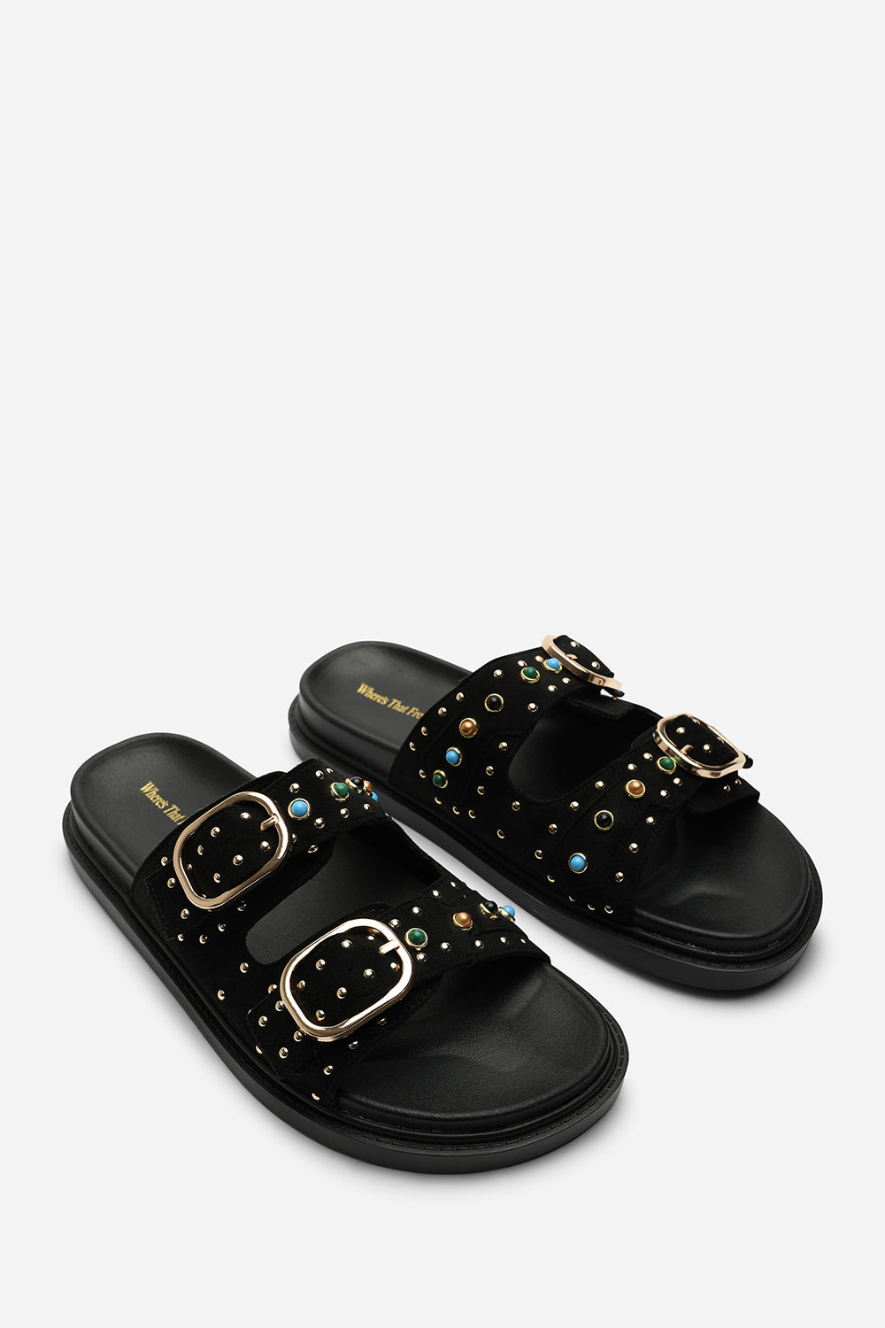 Black Ceylon Diamante Stud Double Buckle Slide On Sandal, Image 4 of 6