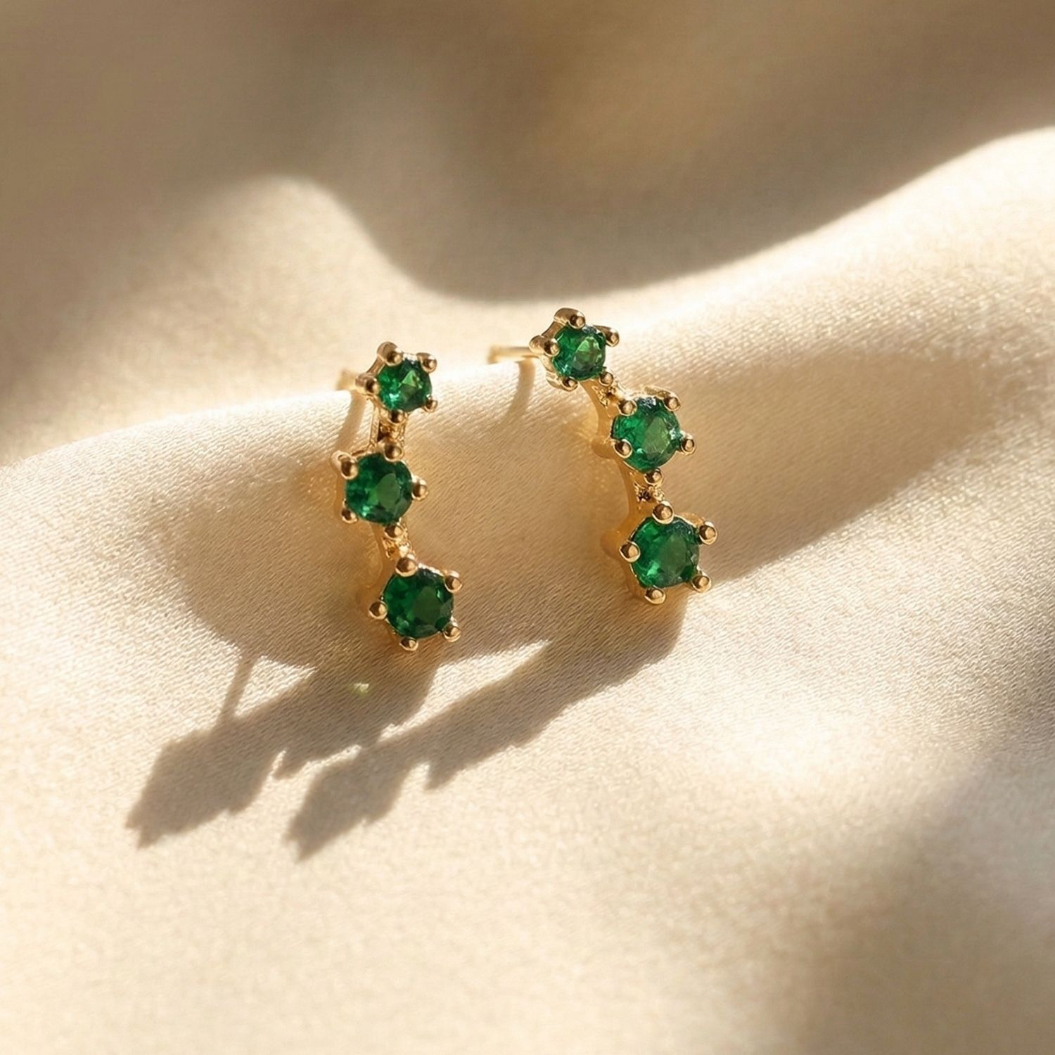 Green Tiny Emerald May Birthstone Climber Stud Earrings