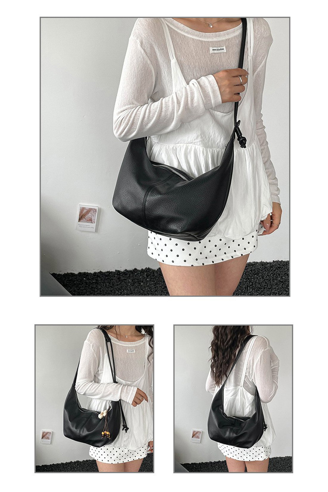 Black Crescent Shoulder Bag With Flower Charm, Image 3 of 3
