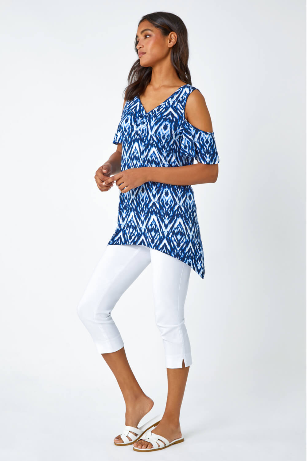Blue Tie Dye Jersey  V-Neck Cold Shoulder Top, Image 5 of 5