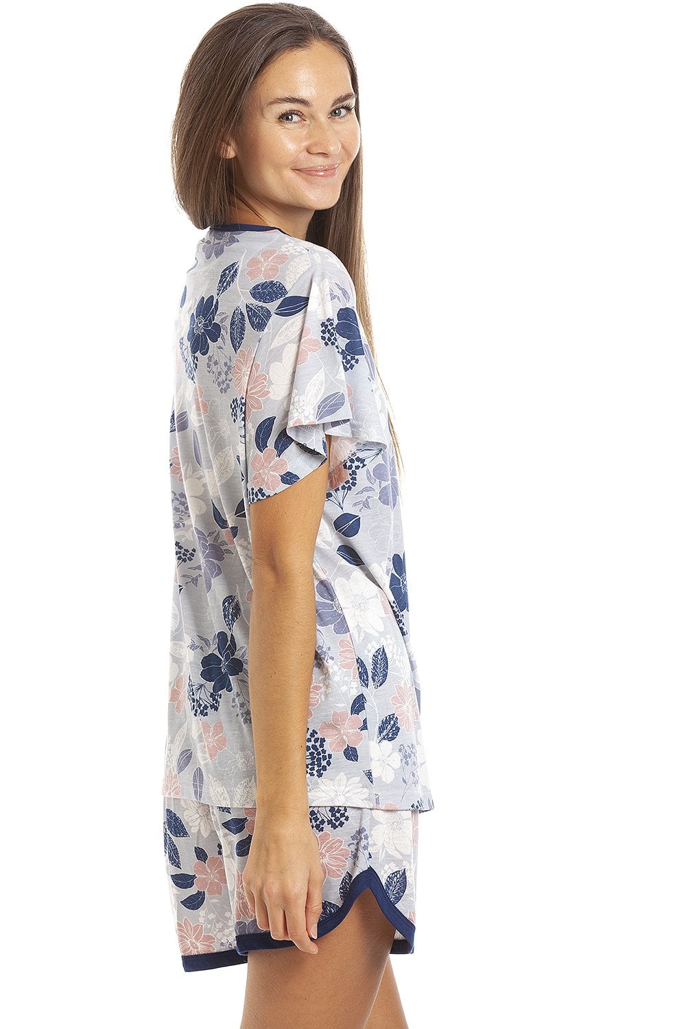 Navy Floral Leaf Print Jersey Short Pyjama Set, Image 3 of 5