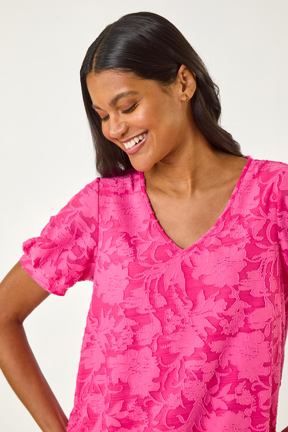 Roman Women's Fuchsia Textured Floral Blouson Hem Stretch Top Size 10