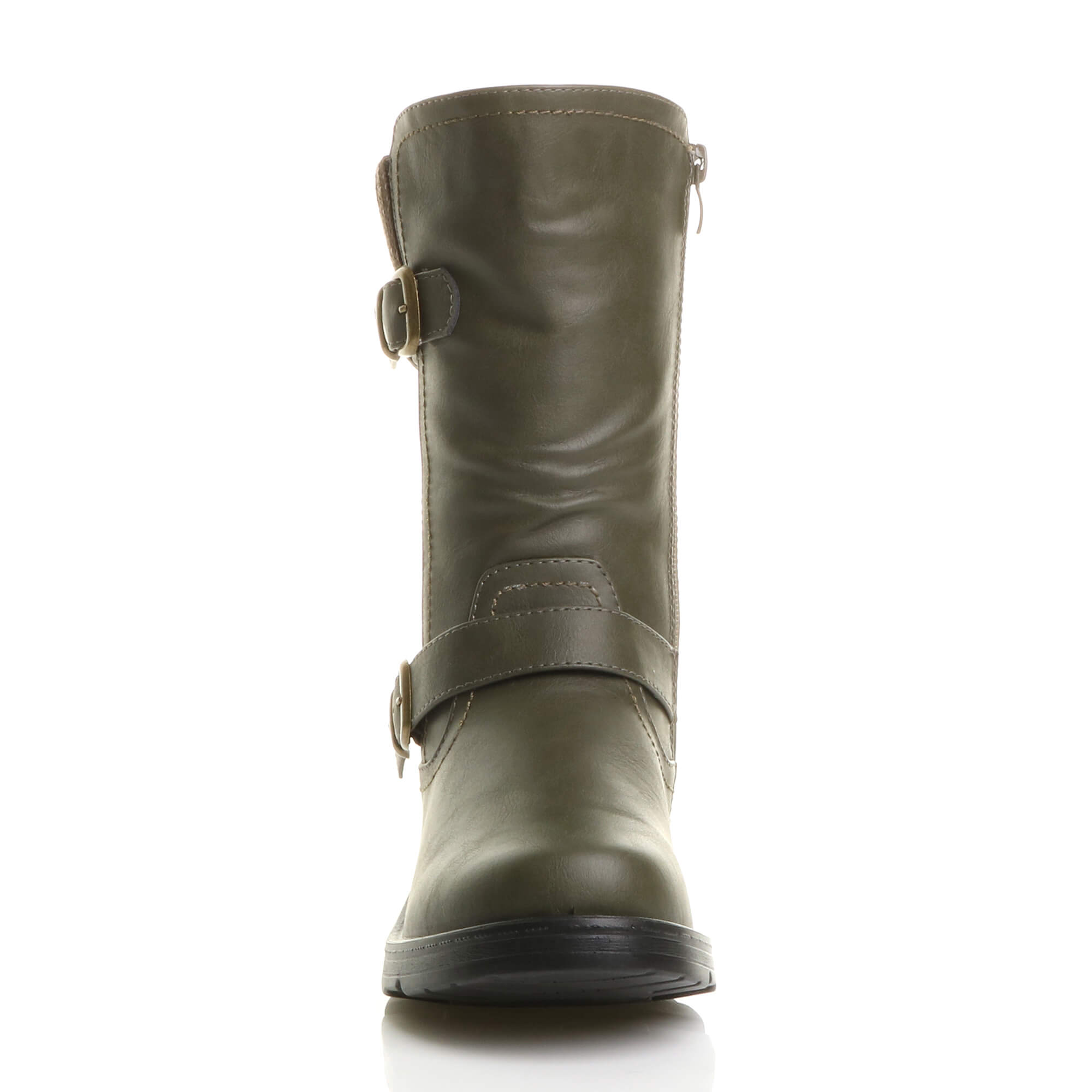 Khaki Low Wedge Heel Comfort Calf Biker Boots, Image 6 of 6