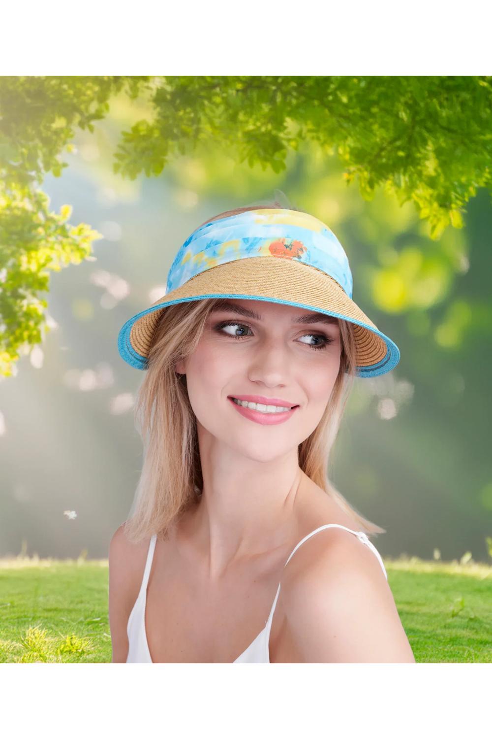 Turqouise Misha - Chiffon Tie Straw Visor - Pale Turquoise, Image 1 of 3