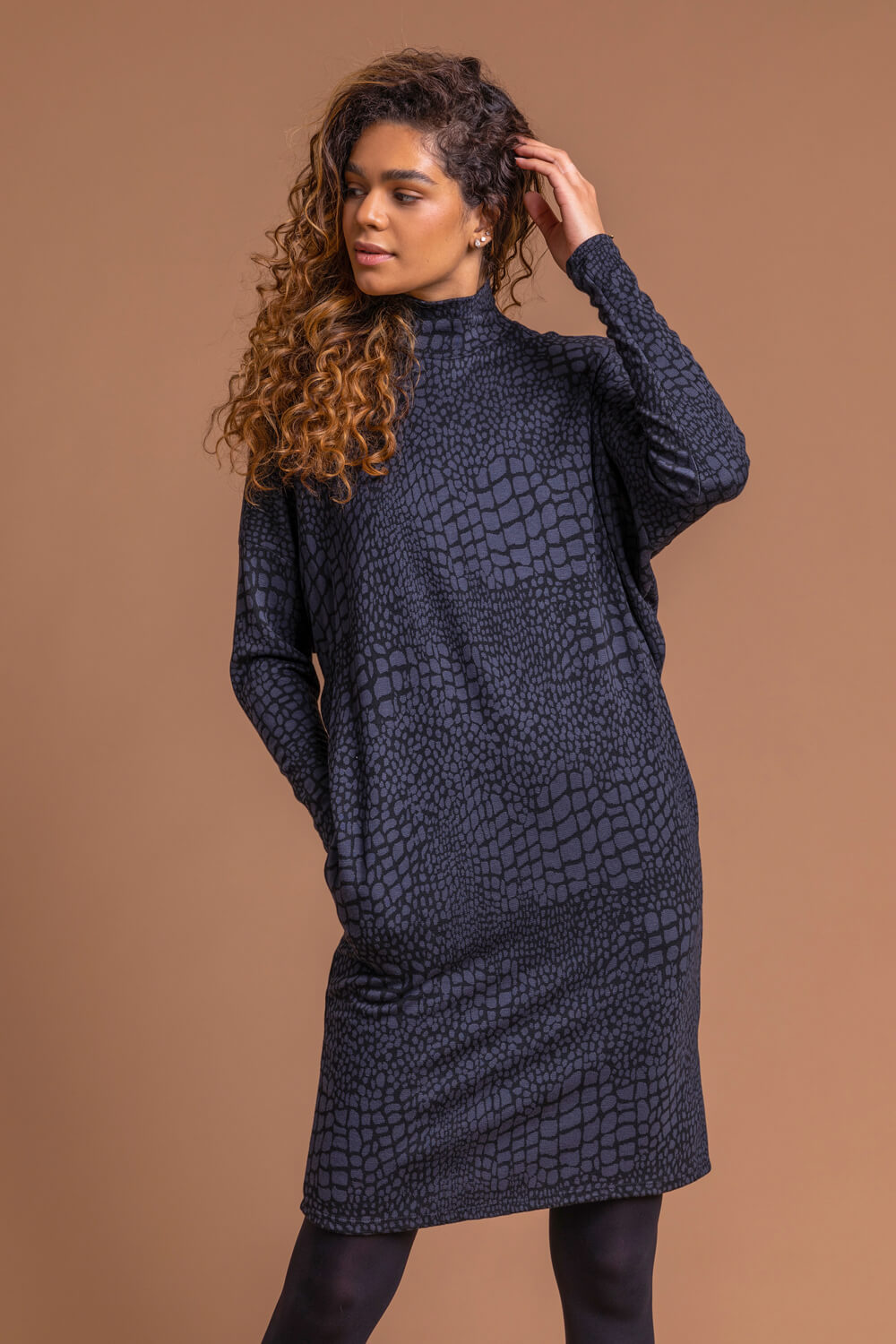 Animal Print Jacquard Polo Neck Dress in Navy - Roman Originals UK