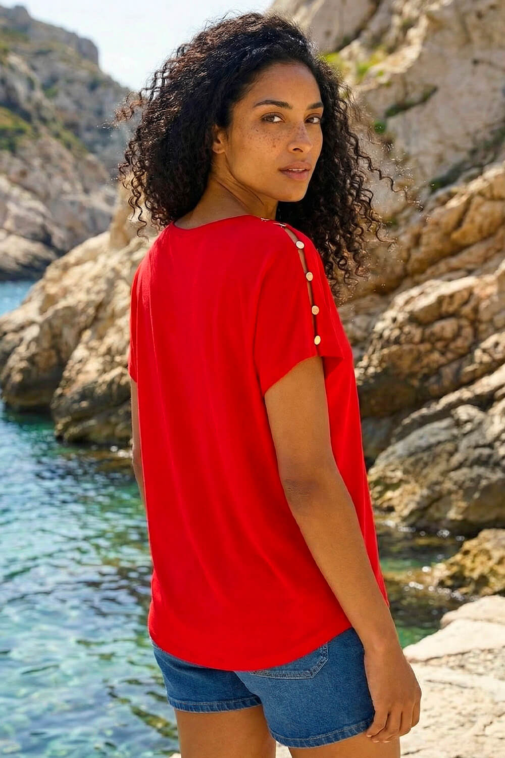 Red Cold Shoulder Button Top, Image 4 of 4