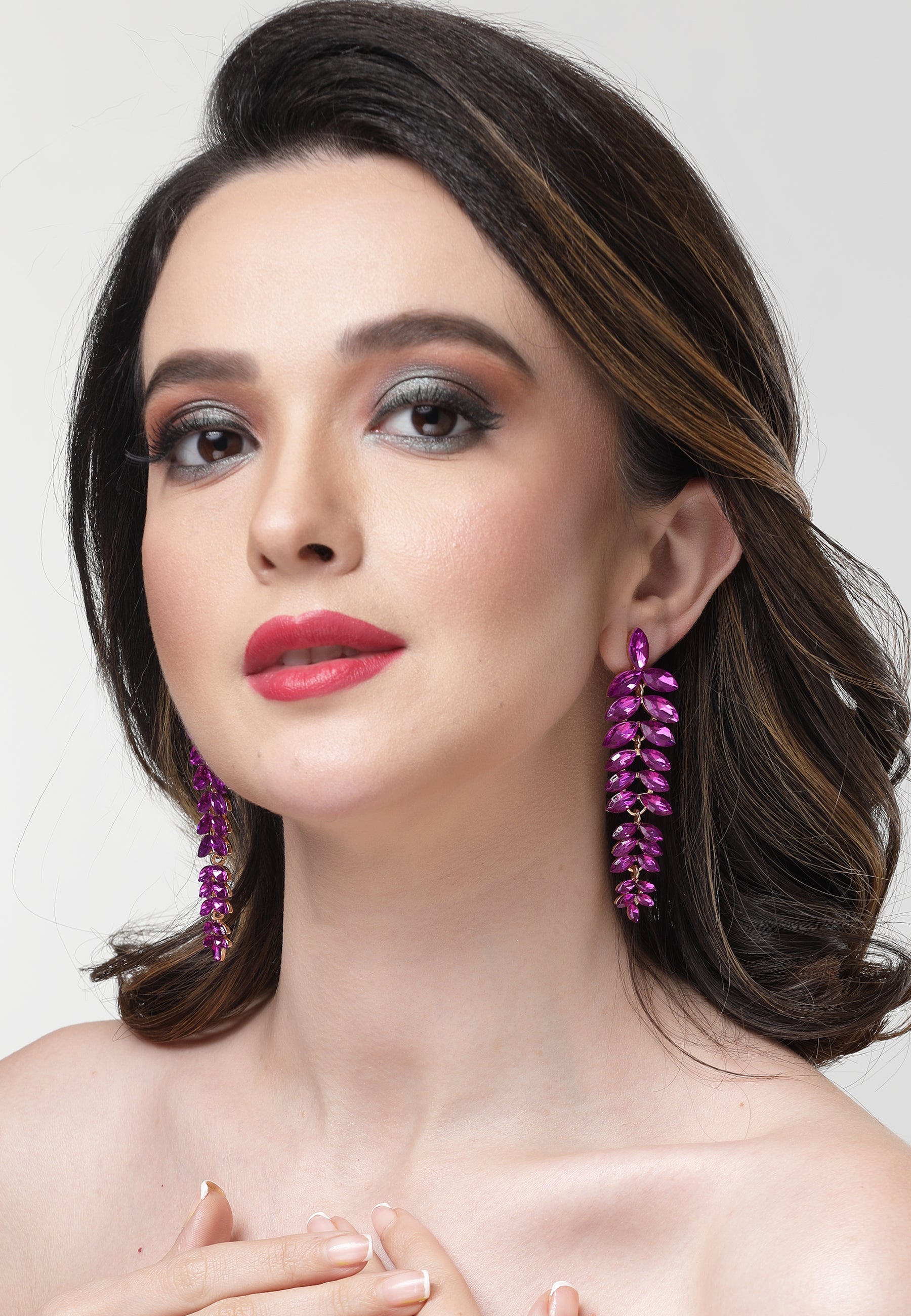 Purple AVANT-GARDE PARIS Purple Multicolored Cascading Leaf-Shaped Drop Earrings, Image 4 of 5