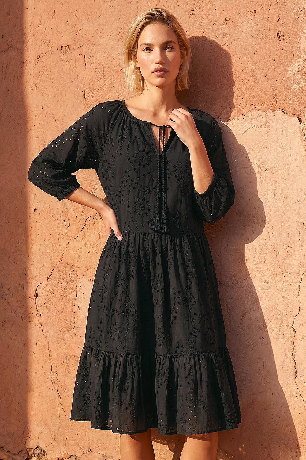 Black Cotton Broderie Tiered Smock Dress, Image 1 of 4