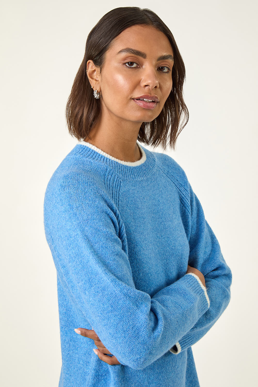 Blue Contrast Trim Knitted Jumper Dress, Image 6 of 7