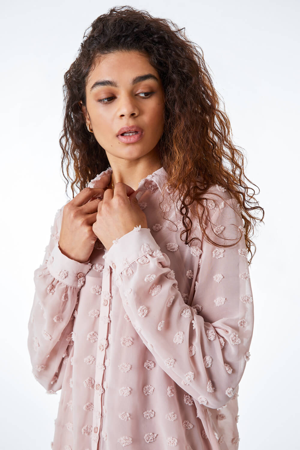 Light Pink Textured Spot Button Up Blouse, Image 6 of 5