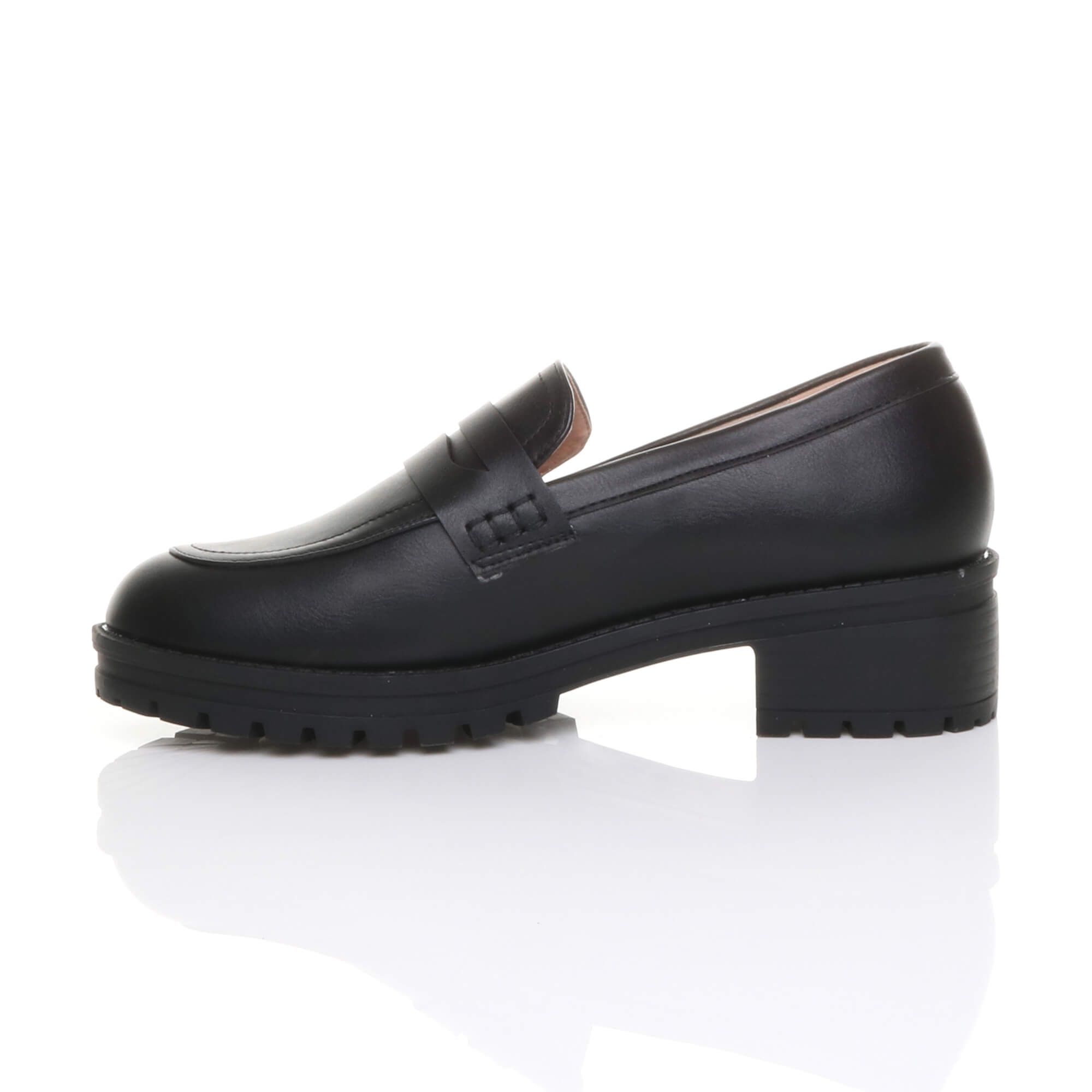 Black AJVANI Black Flat Chunky Heeled Penny Loafers, Image 3 of 5