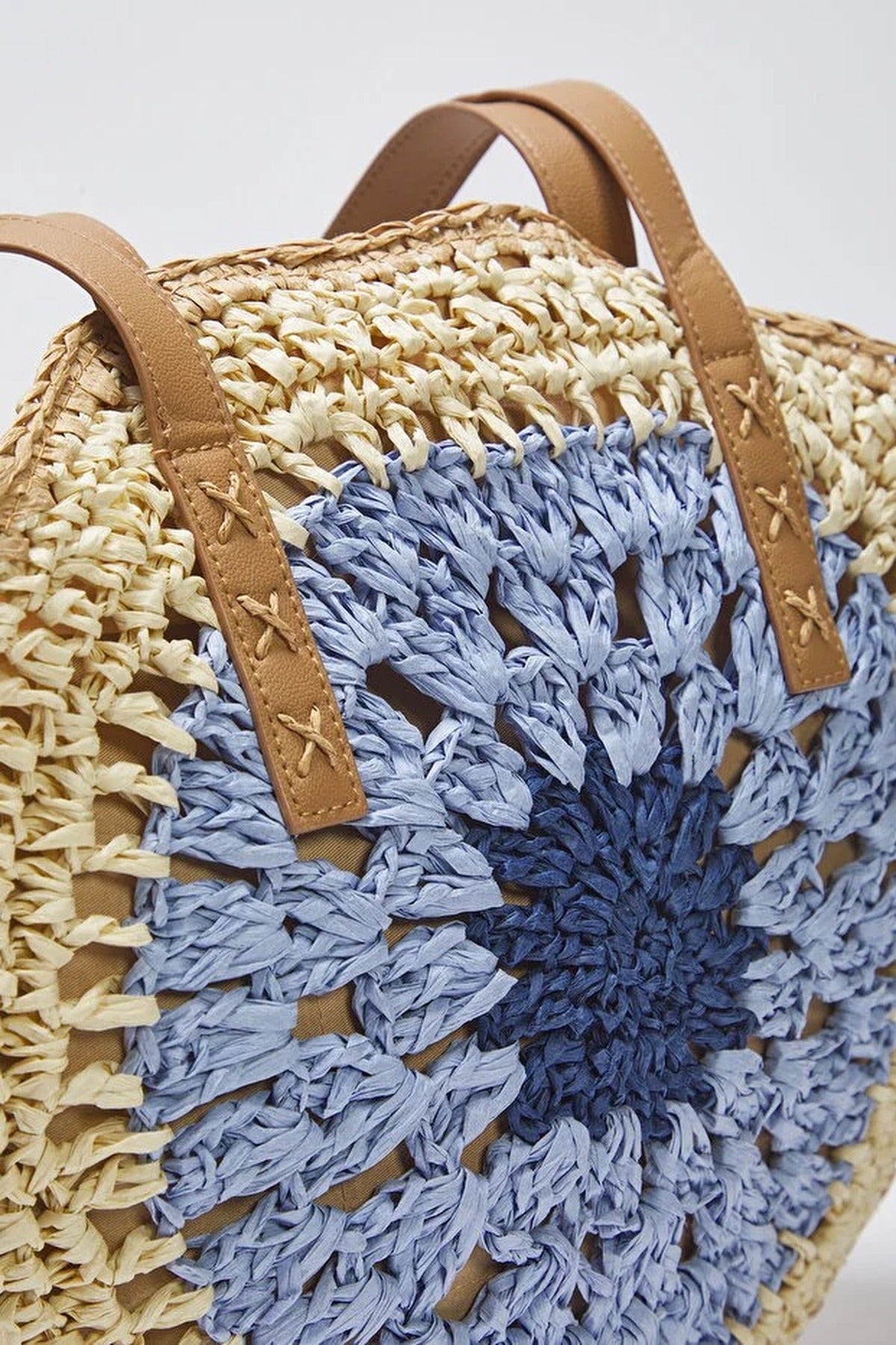Natural Crochet Straw Round Beach Tote Bag with Contrast Centre, Image 2 of 3