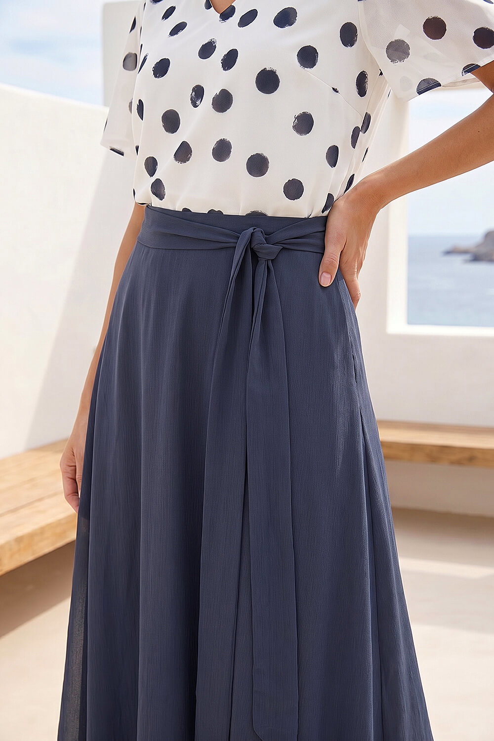 Navy Spot Contrast Midi Dress, Image 5 of 4