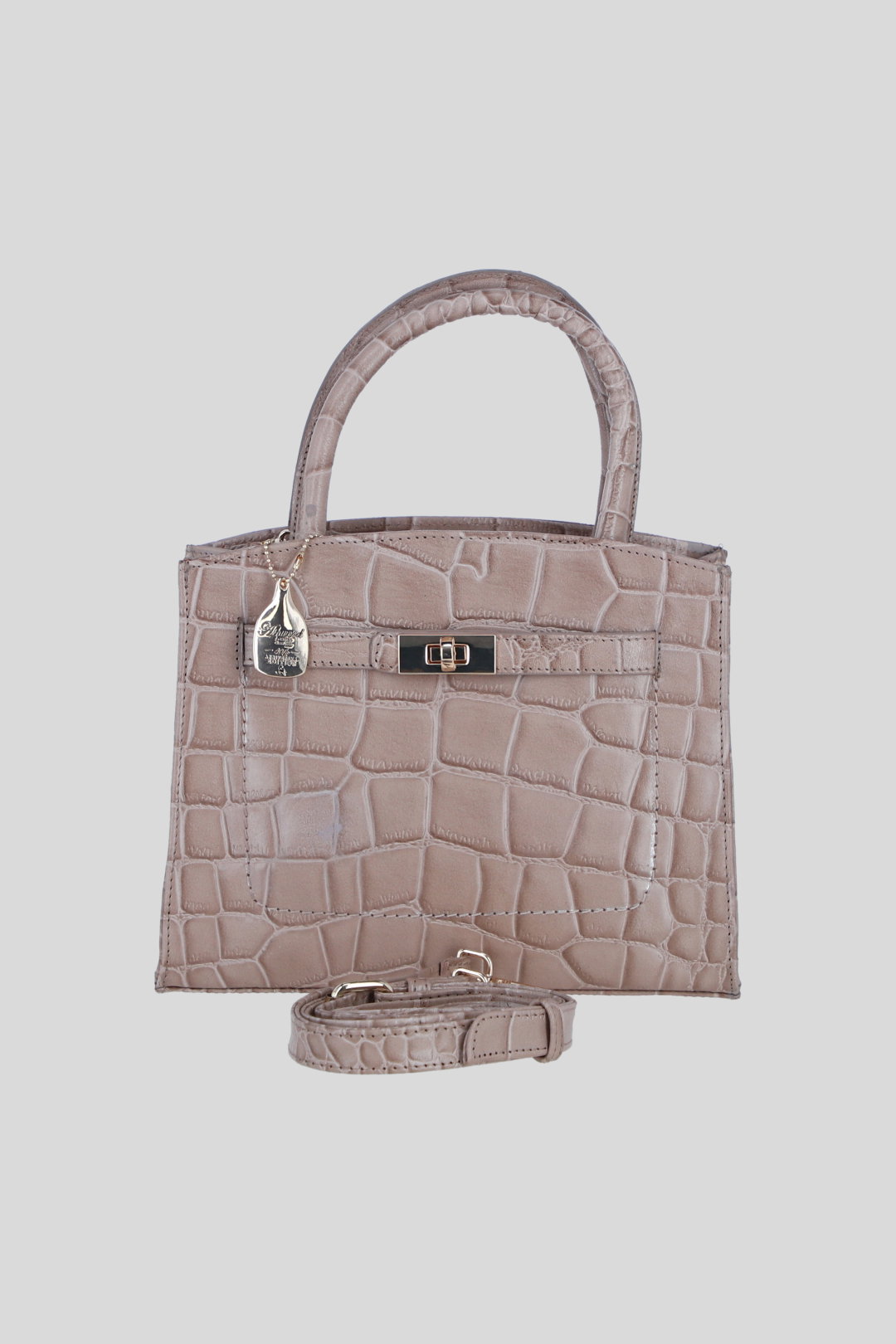 Grey Genuine Leather Structured Handbag with Detachable Crossbody Strap, Image 1 of 4