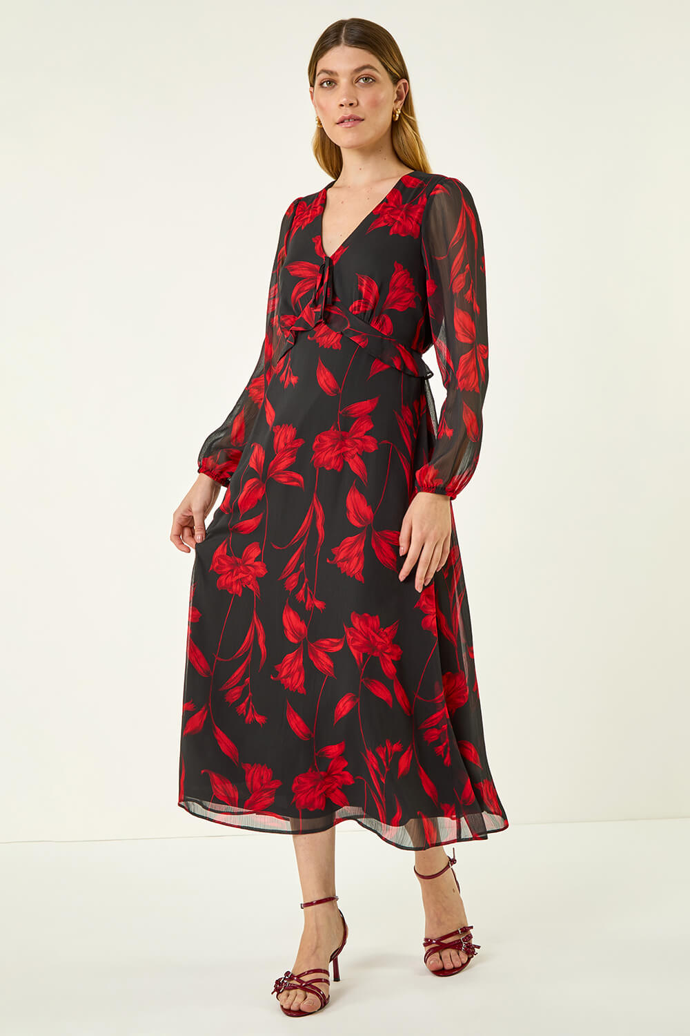 Roman Women's Red Floral Frill Chiffon Midi Dress Size 10