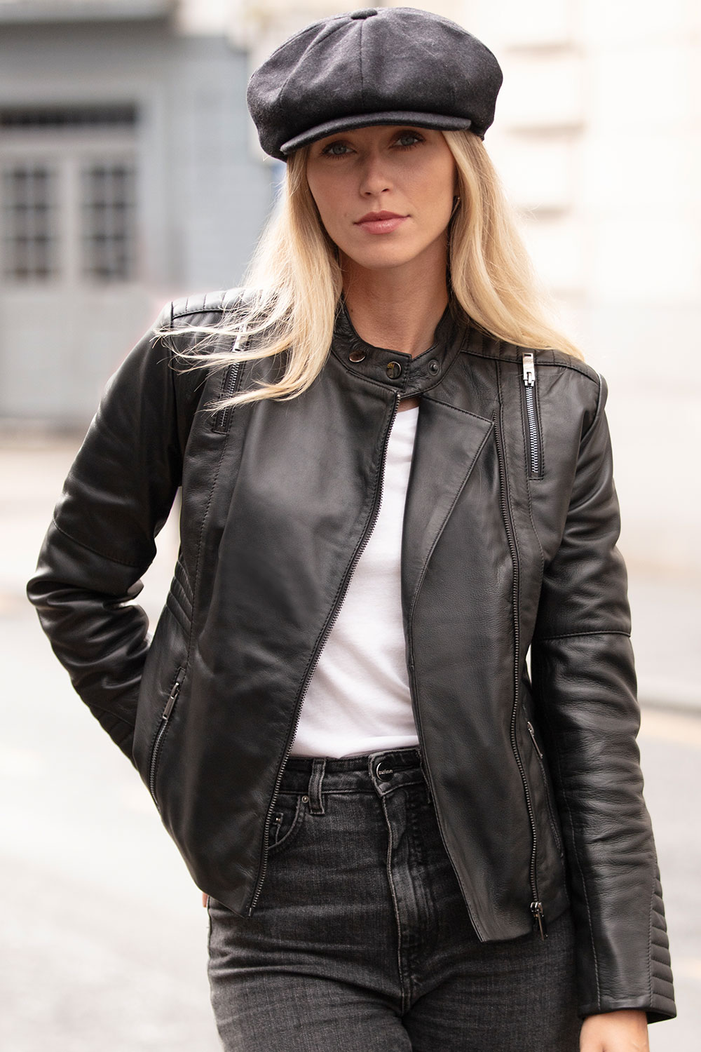 Black 'Alessia' Mandarin Collar Leather Biker Jacket Women Coat