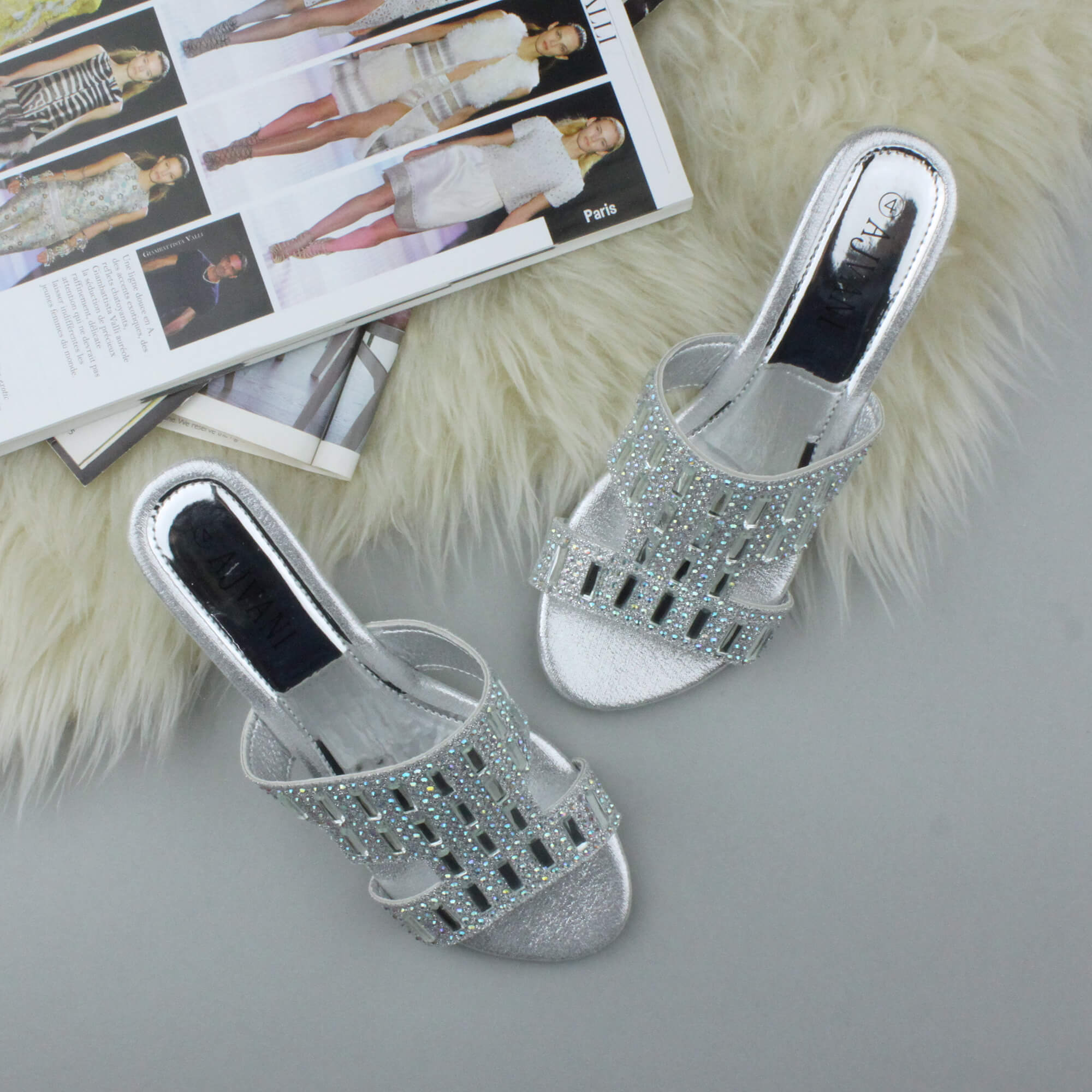 Silver AJVANI Silver Low Wedge Heel Diamante Sandals Mules, Image 4 of 6