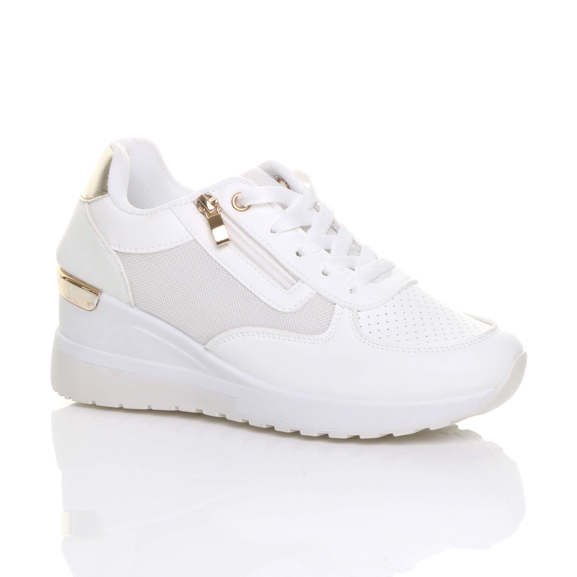 Black Mid Wedge Heel Lace Up Gold Zip Trainers