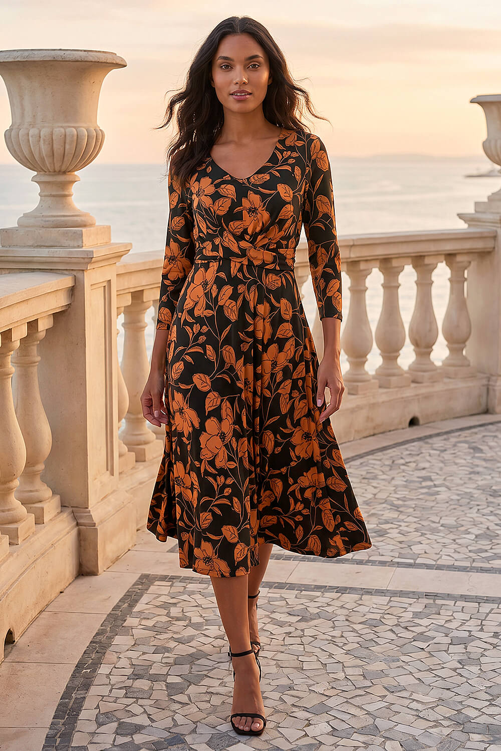 Tan Leaf Print Wrap Midi Dress, Image 4 of 4