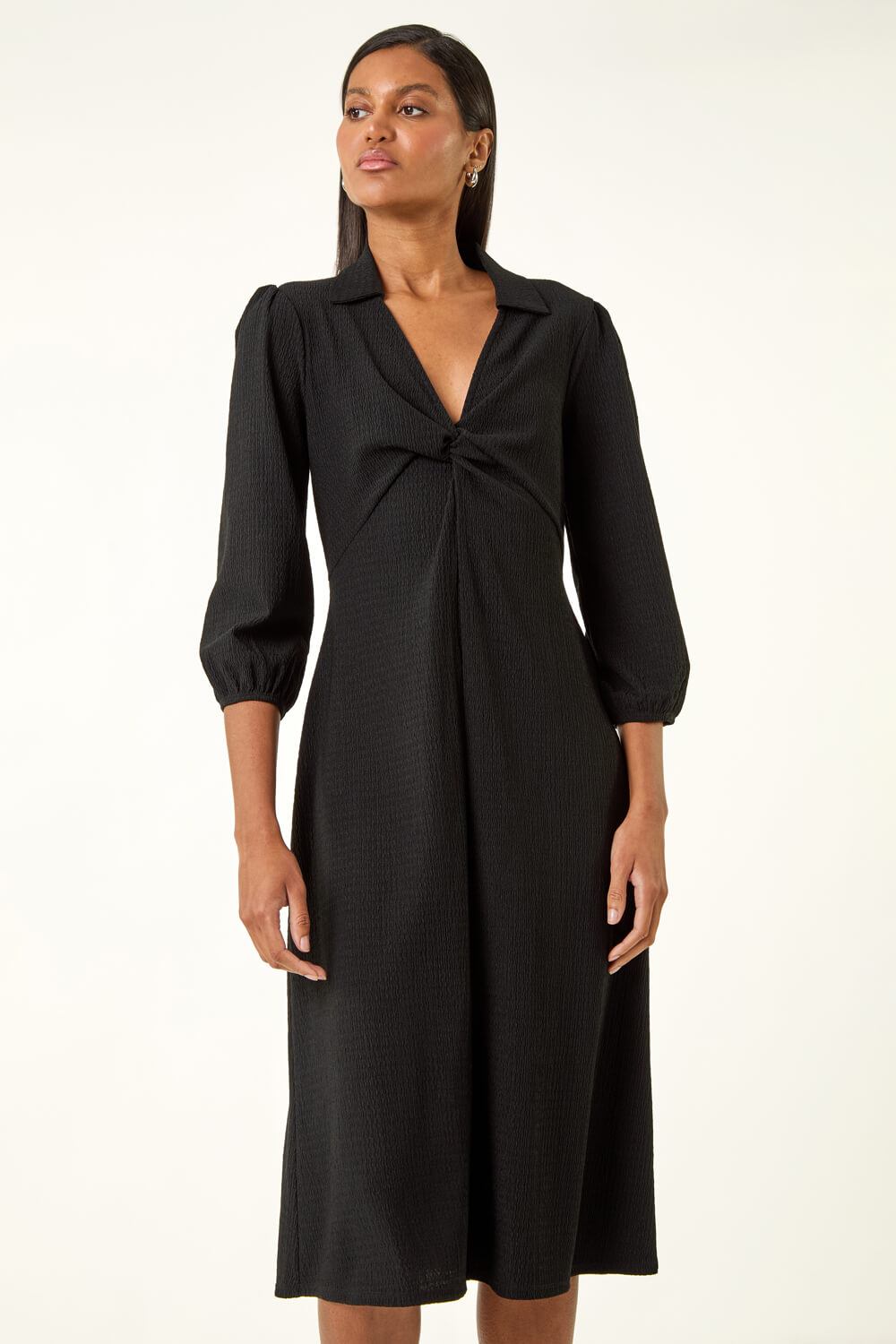 Black Textured Collared Twist Front Dress, Image 1 of 5