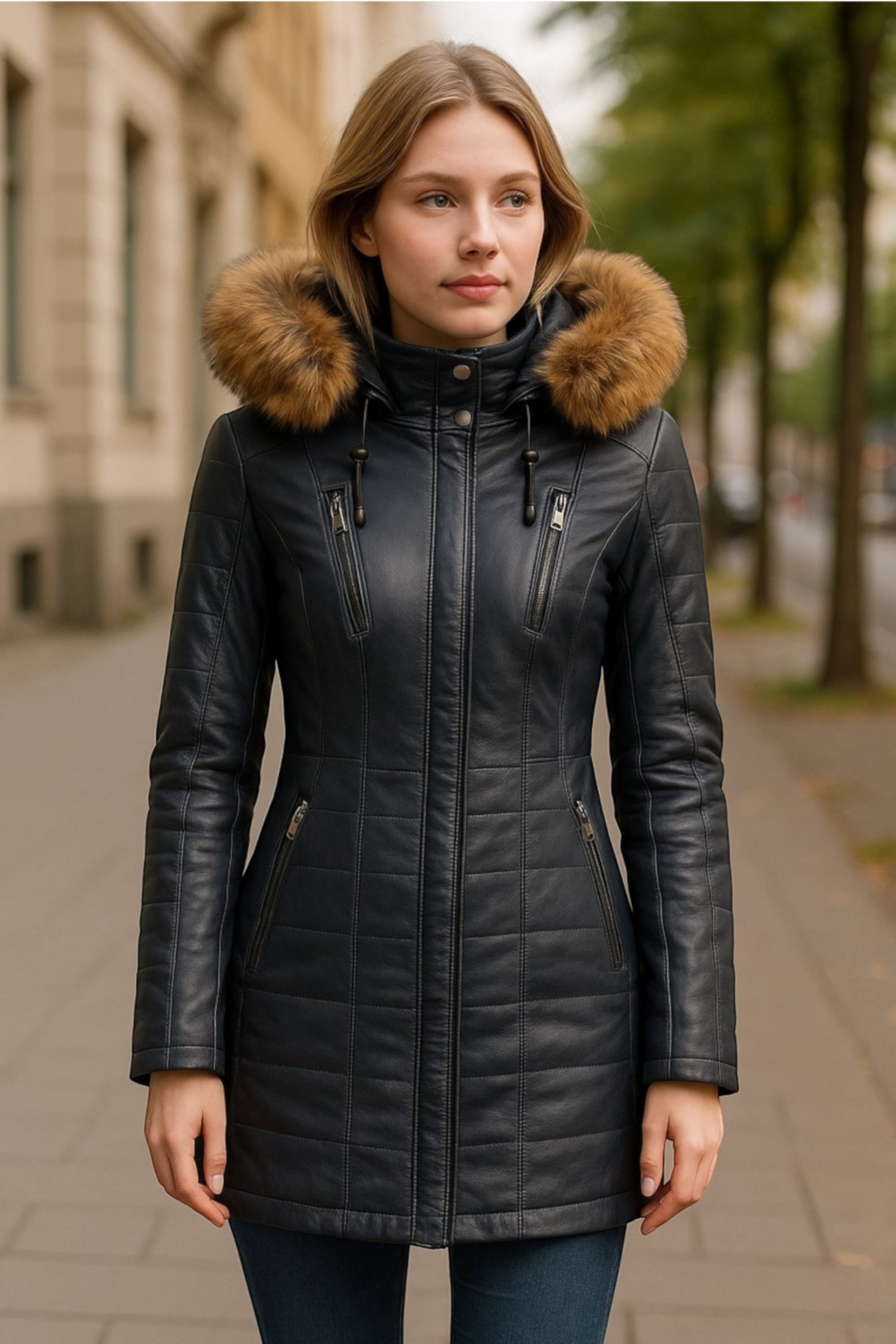 Blue Quilted Leather Parka Jacket-Winton, Image 1 of 7
