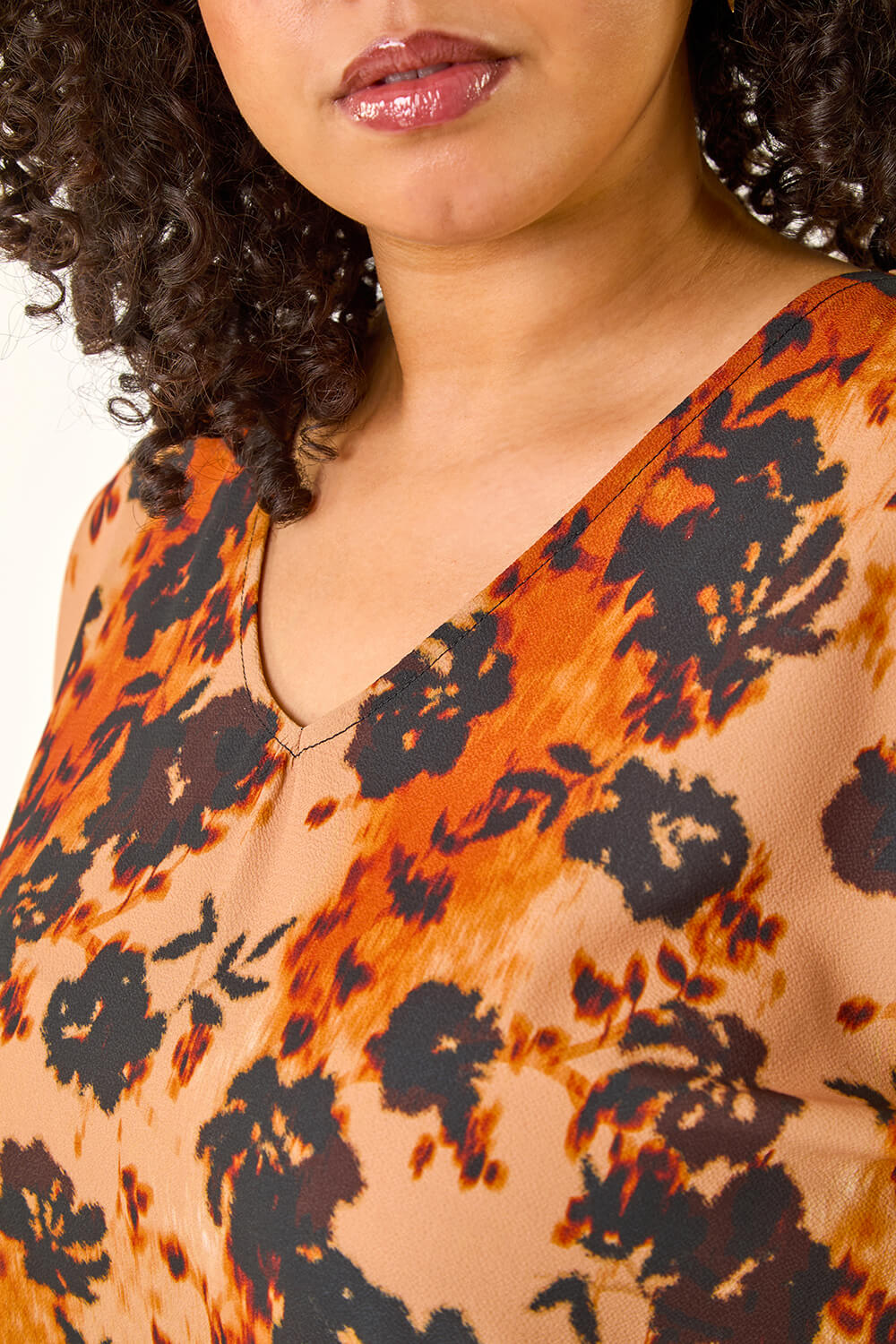 Rust Curve Watercolour V-Neck Stretch Top, Image 6 of 5
