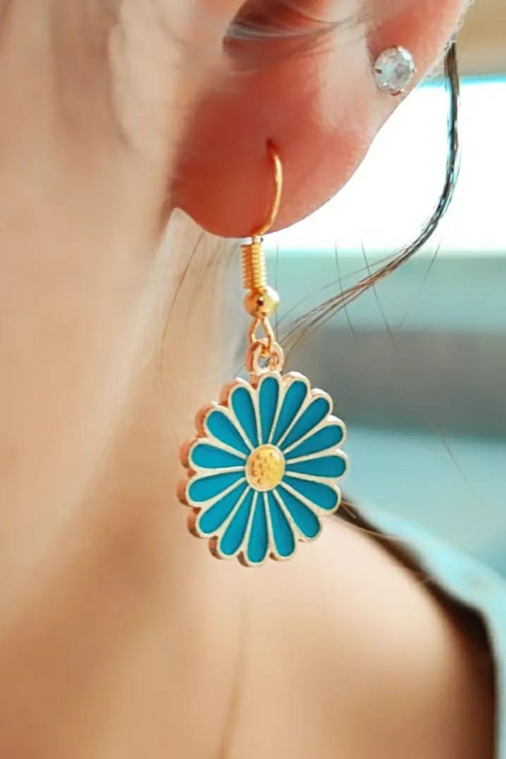 Blue Sunflower Charm Dainty Boho Hook Earrings, Image 1 of 5