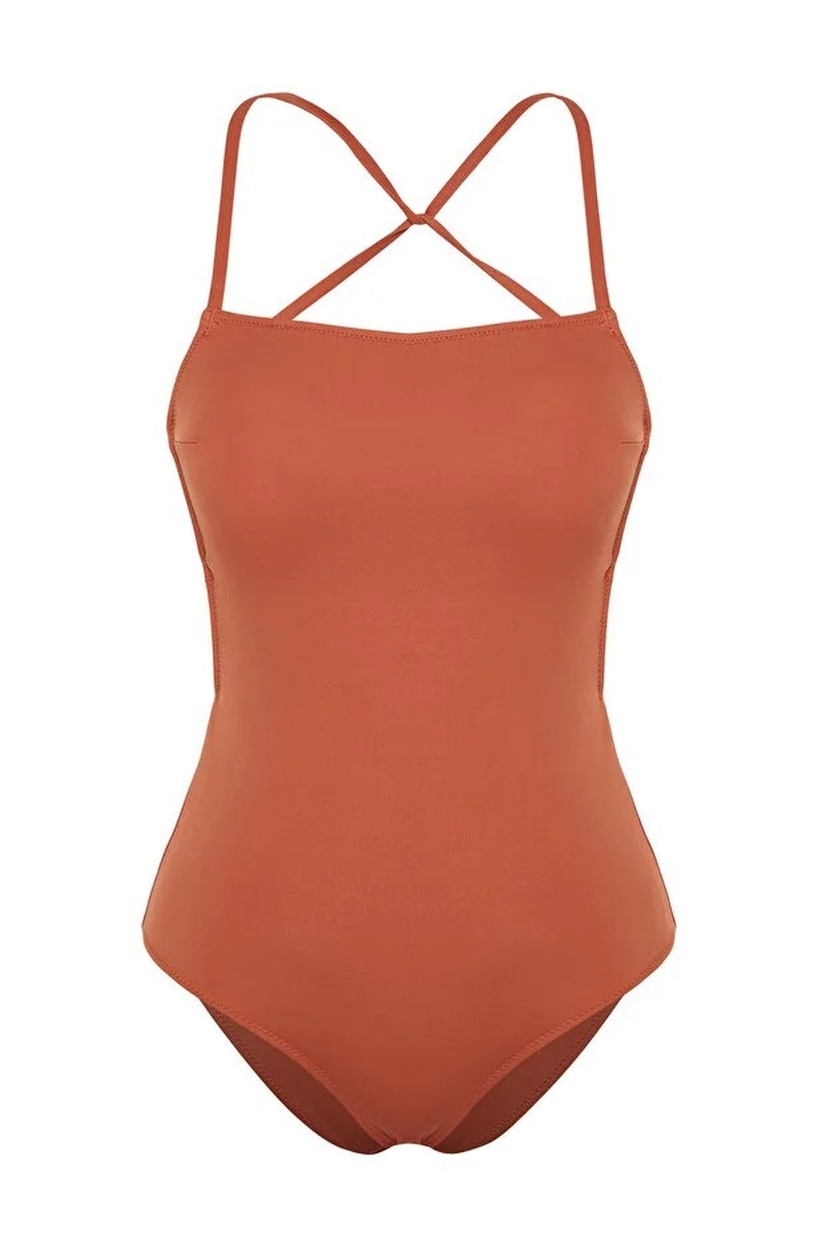 Dark Orange Square Neck Strappy Open Back Fitted Swimsuit, Image 2 of 3
