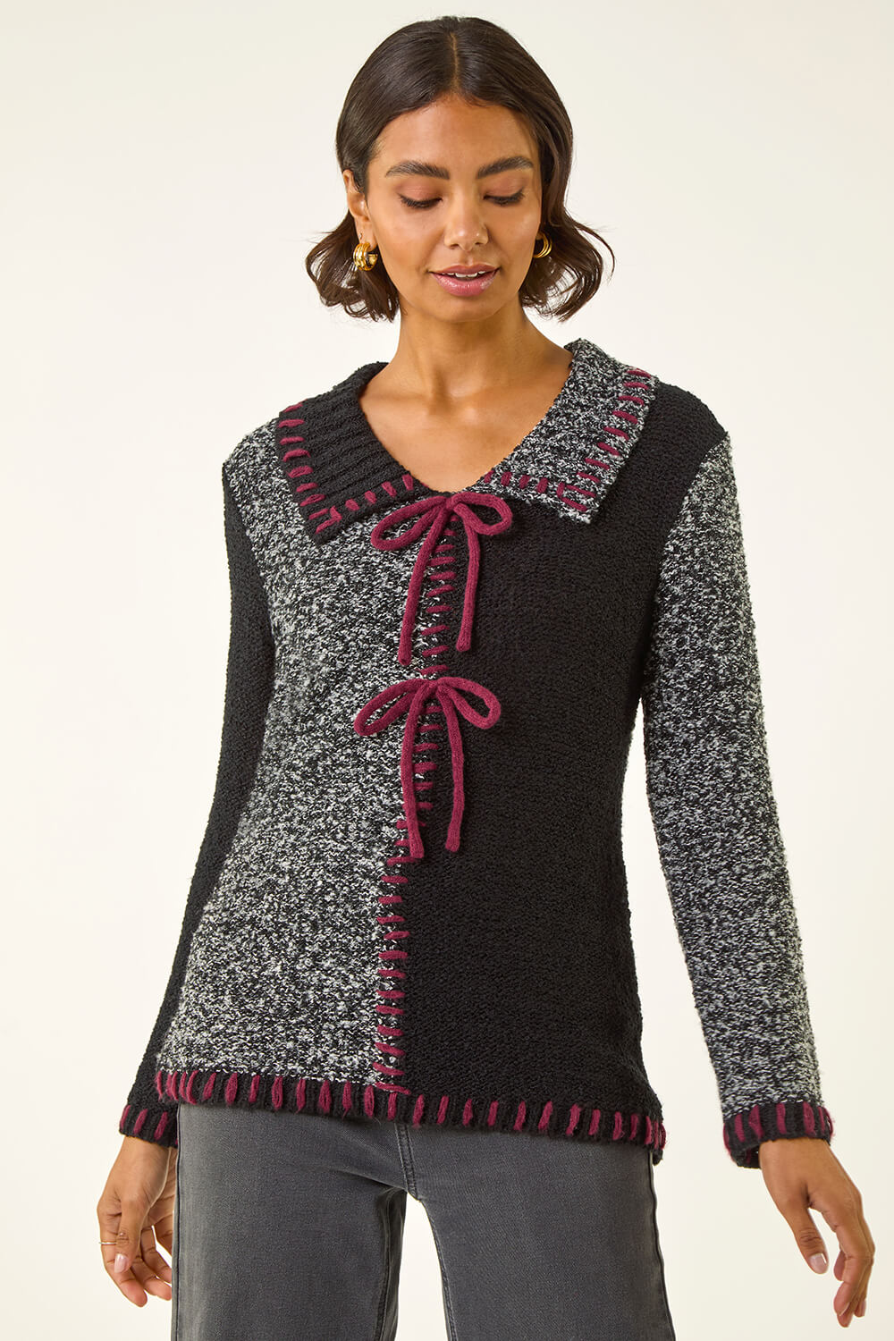 Charcoal Collared Textured Stitch Knit, Image 5 of 5
