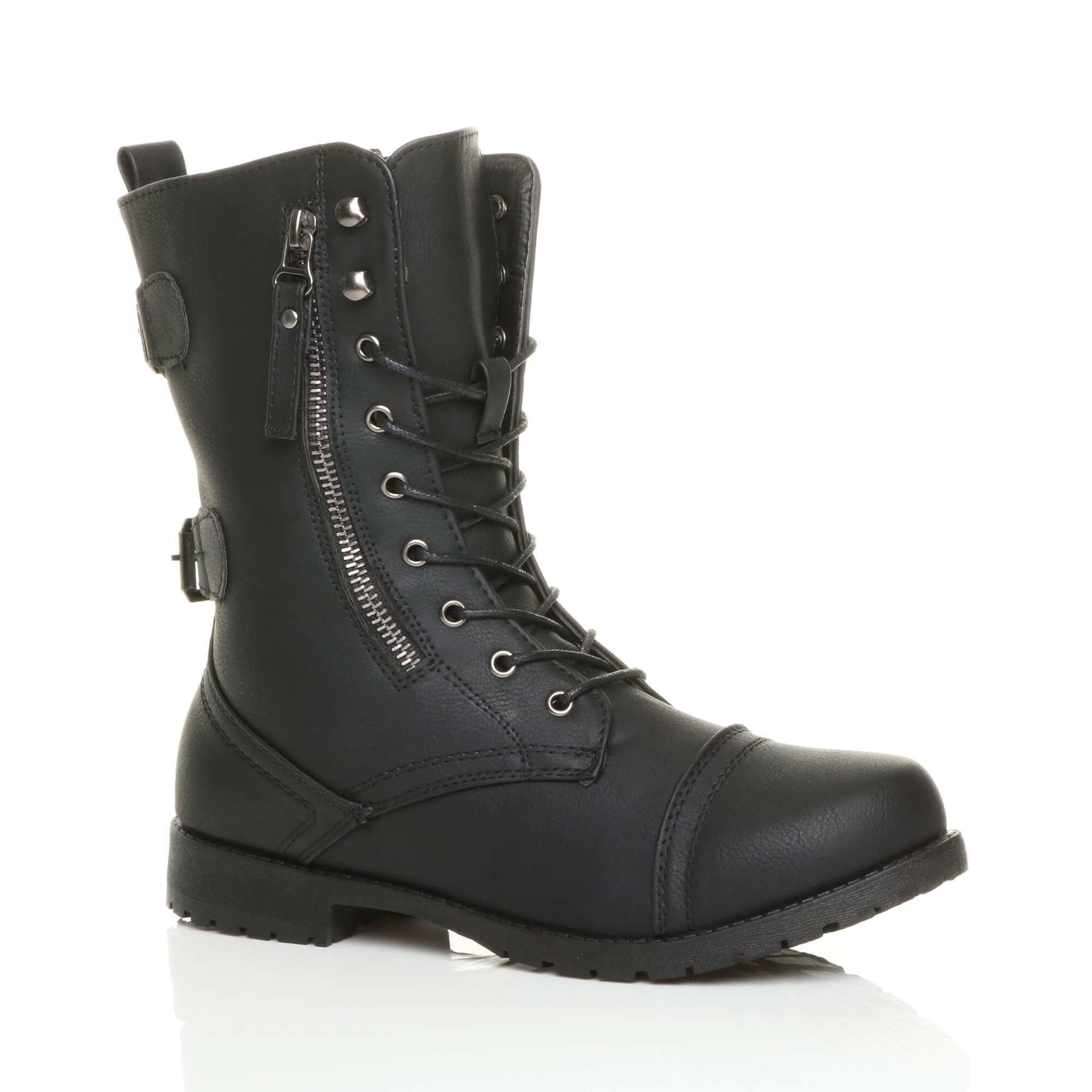 Black Lace Up Zips Military Biker Ankle Boots