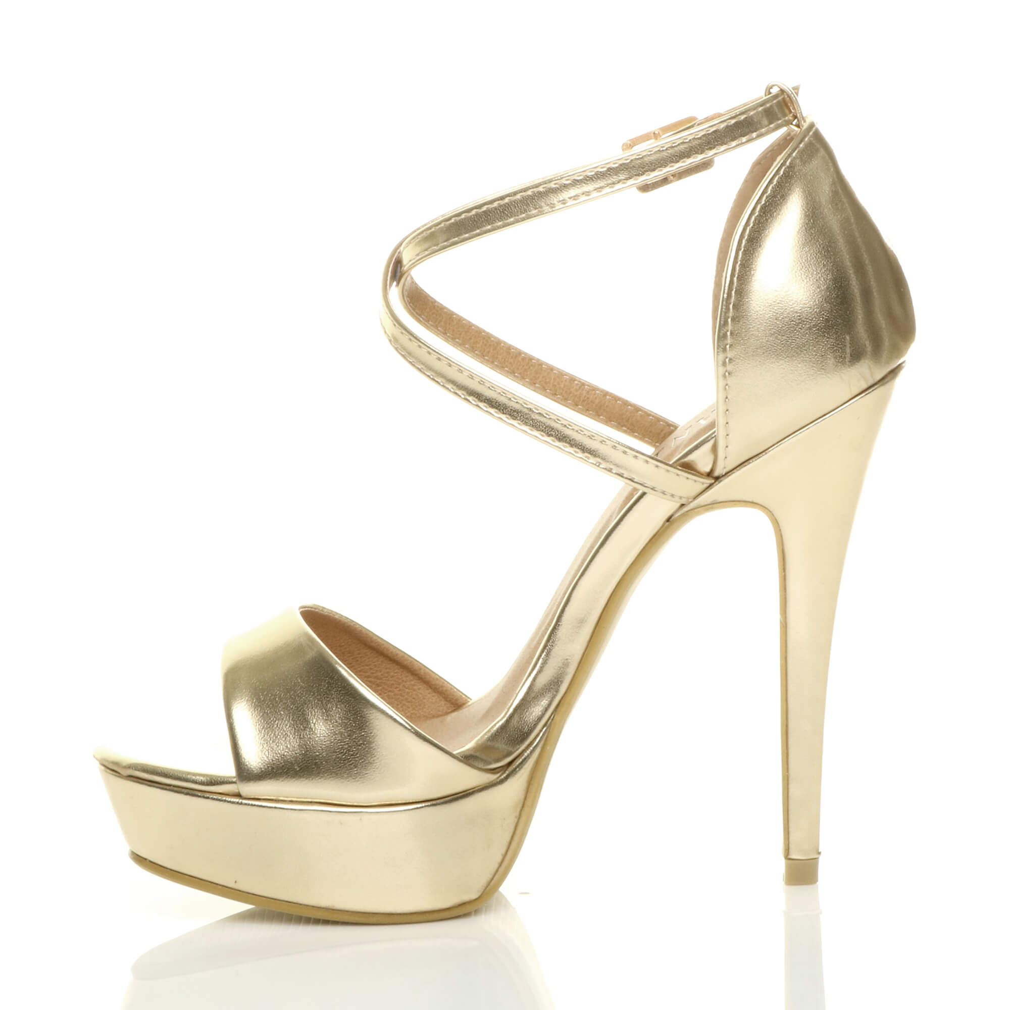 Gold AJVANI Gold High Heel Crossed Straps Platform Sandals, Image 3 of 6